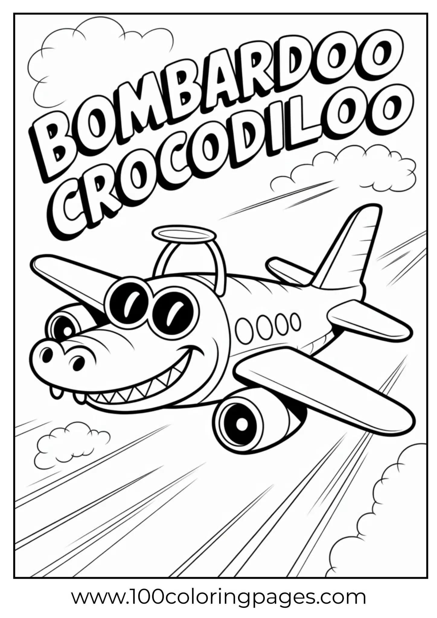 Cartoon crocodile piloting a plane in a cloudy sky