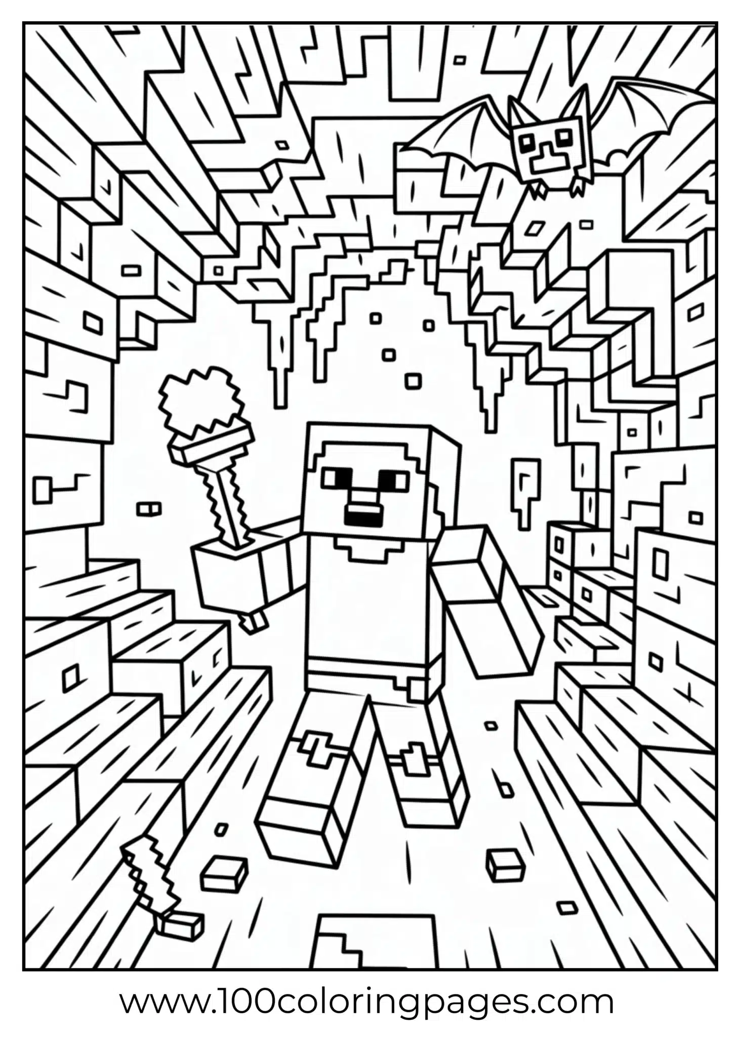 Line art of a blocky character holding a wand in a cubic world