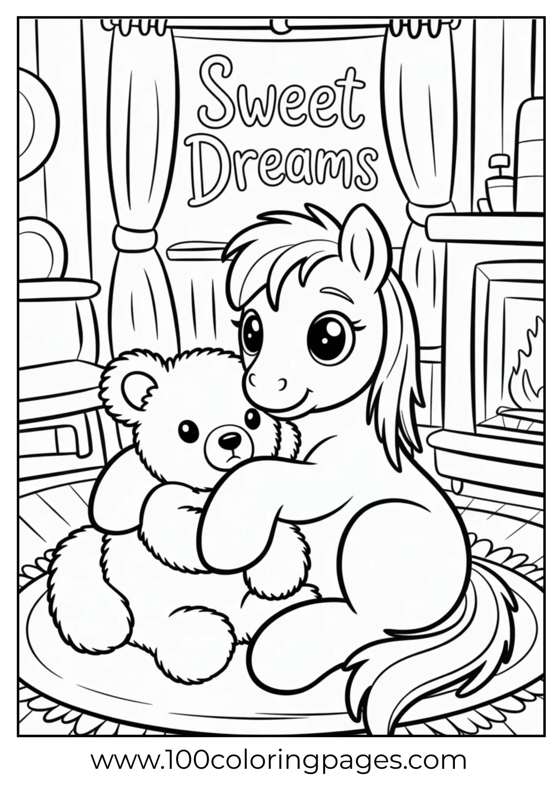 Pony hugging teddy bear in cozy room