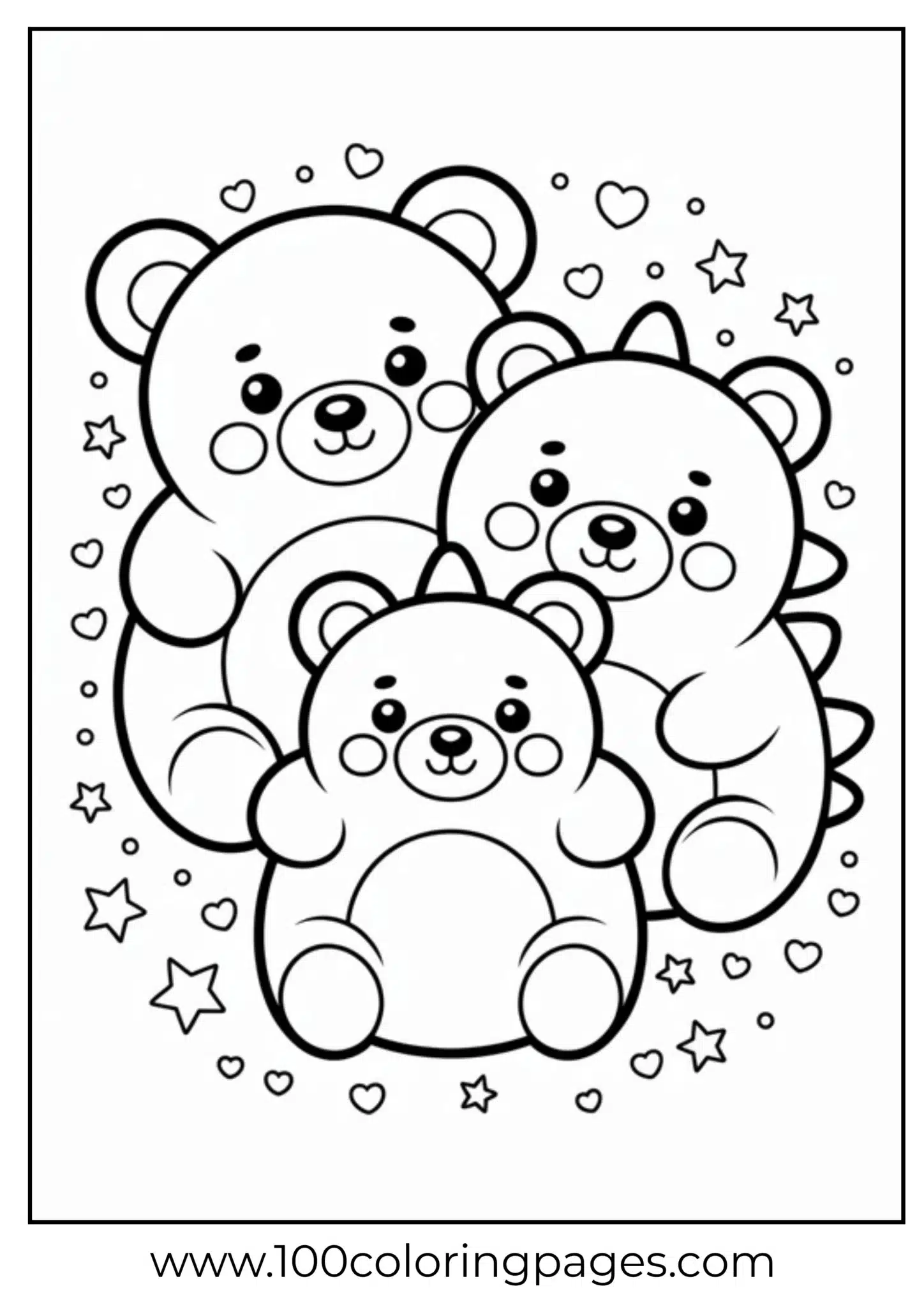 Three cute bears surrounded by hearts and stars