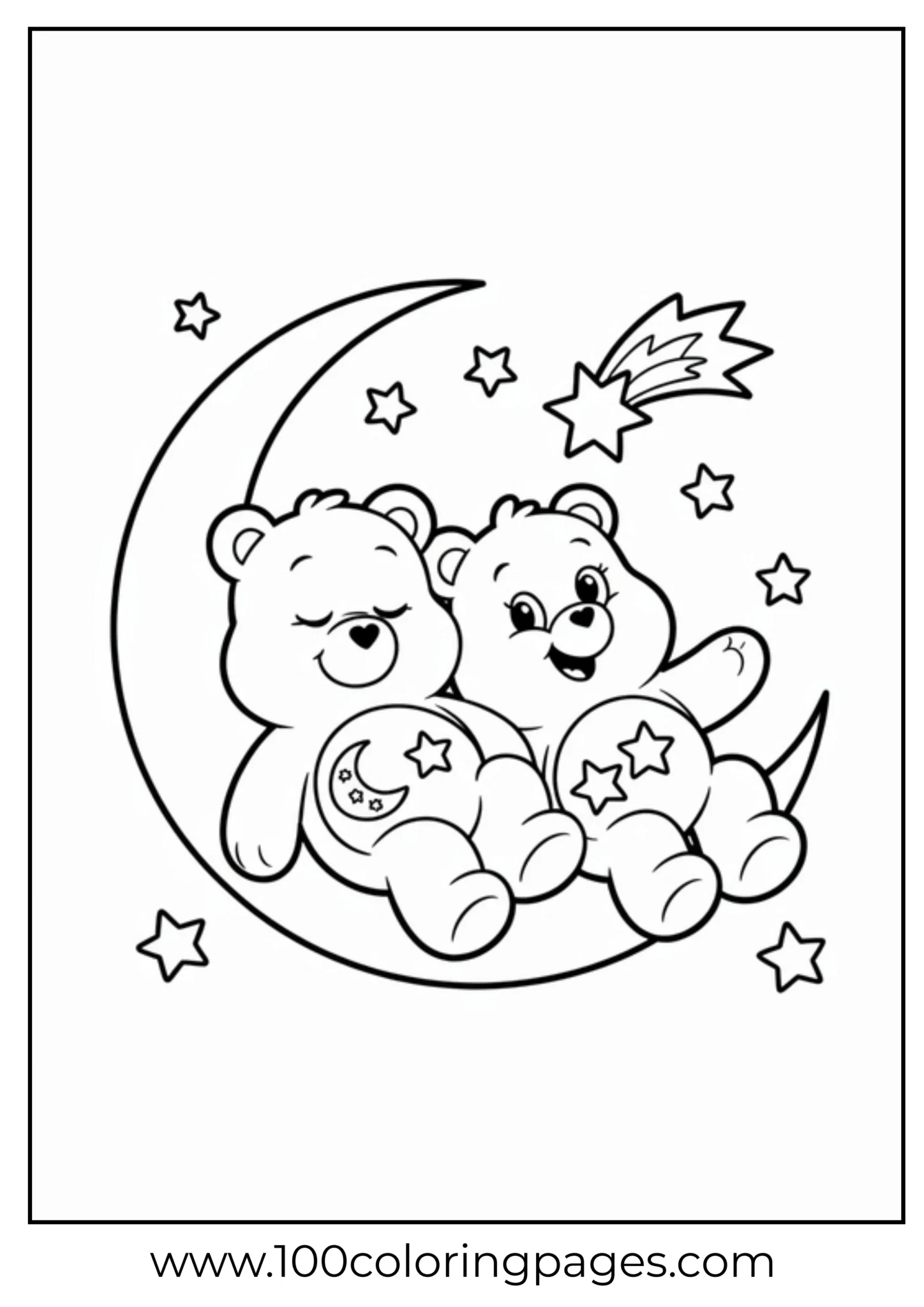 Two cuddly bears sitting on a crescent moon surrounded by stars