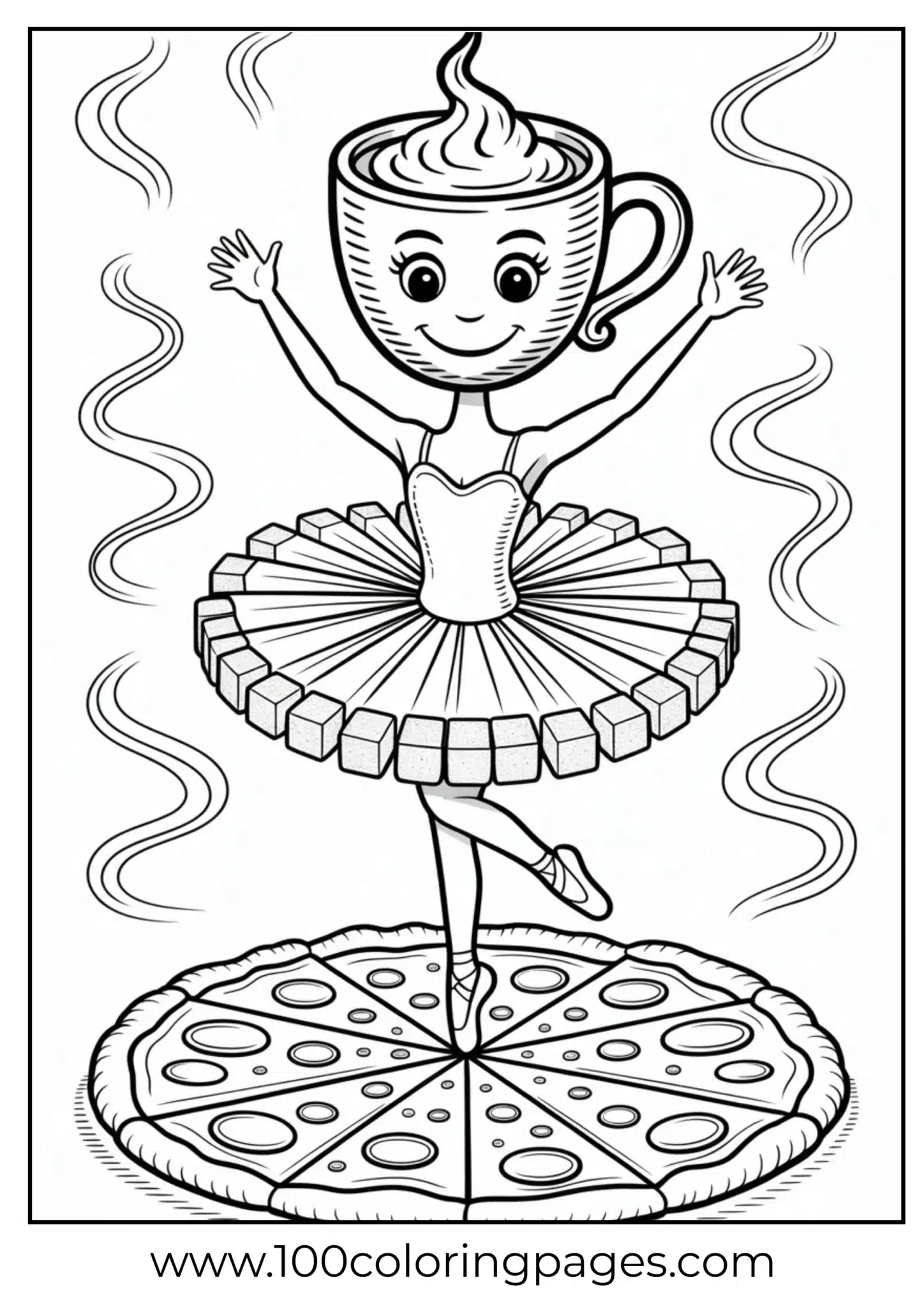 A happy coffee cup ballerina dancing on a pizza