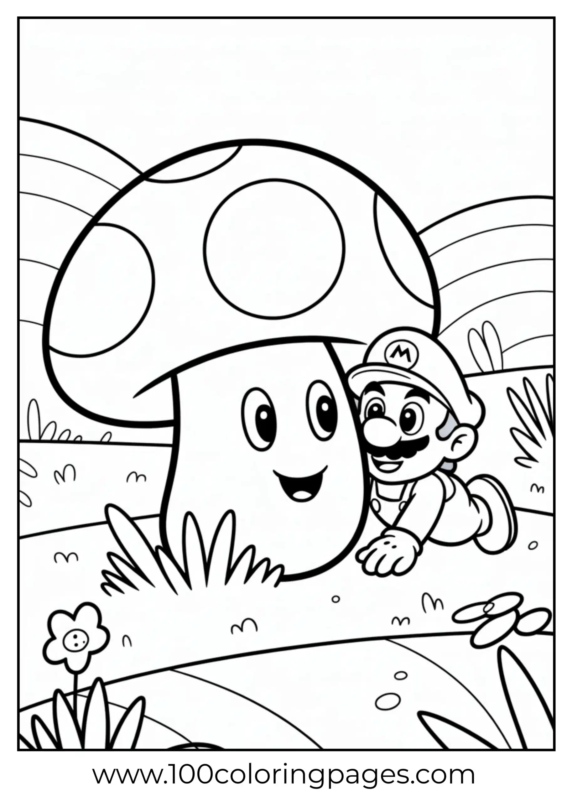 Mario hiding behind a giant mushroom in fun coloring format