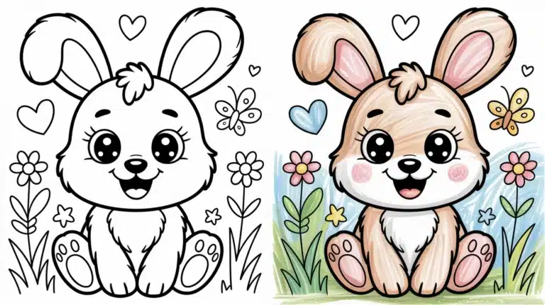 Cute bunny with big eyes and fluffy fur surrounded by hearts, butterflies, and flowers – cute animal coloring pages