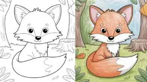 Cute baby fox coloring pages, adorable cartoon fox with fluffy tail sitting in a woodland forest, black and white outline on the left and colored version on the right, perfect for kids and animal coloring activities.