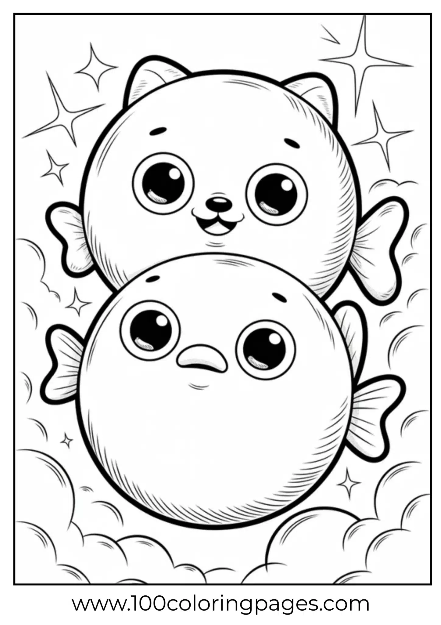 Playful cat and fish characters on a starry background