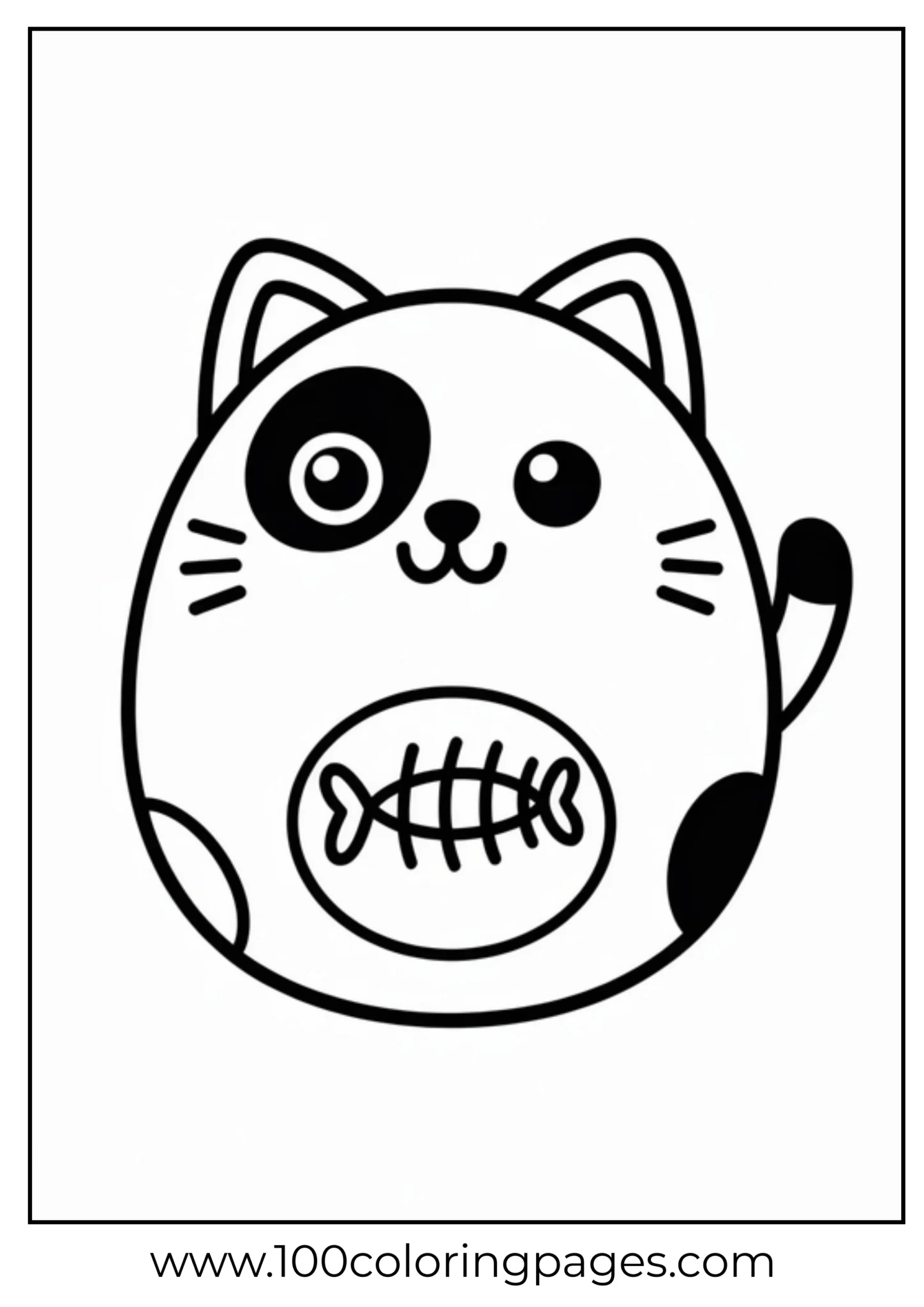 Cute cat with a fish on its belly coloring page