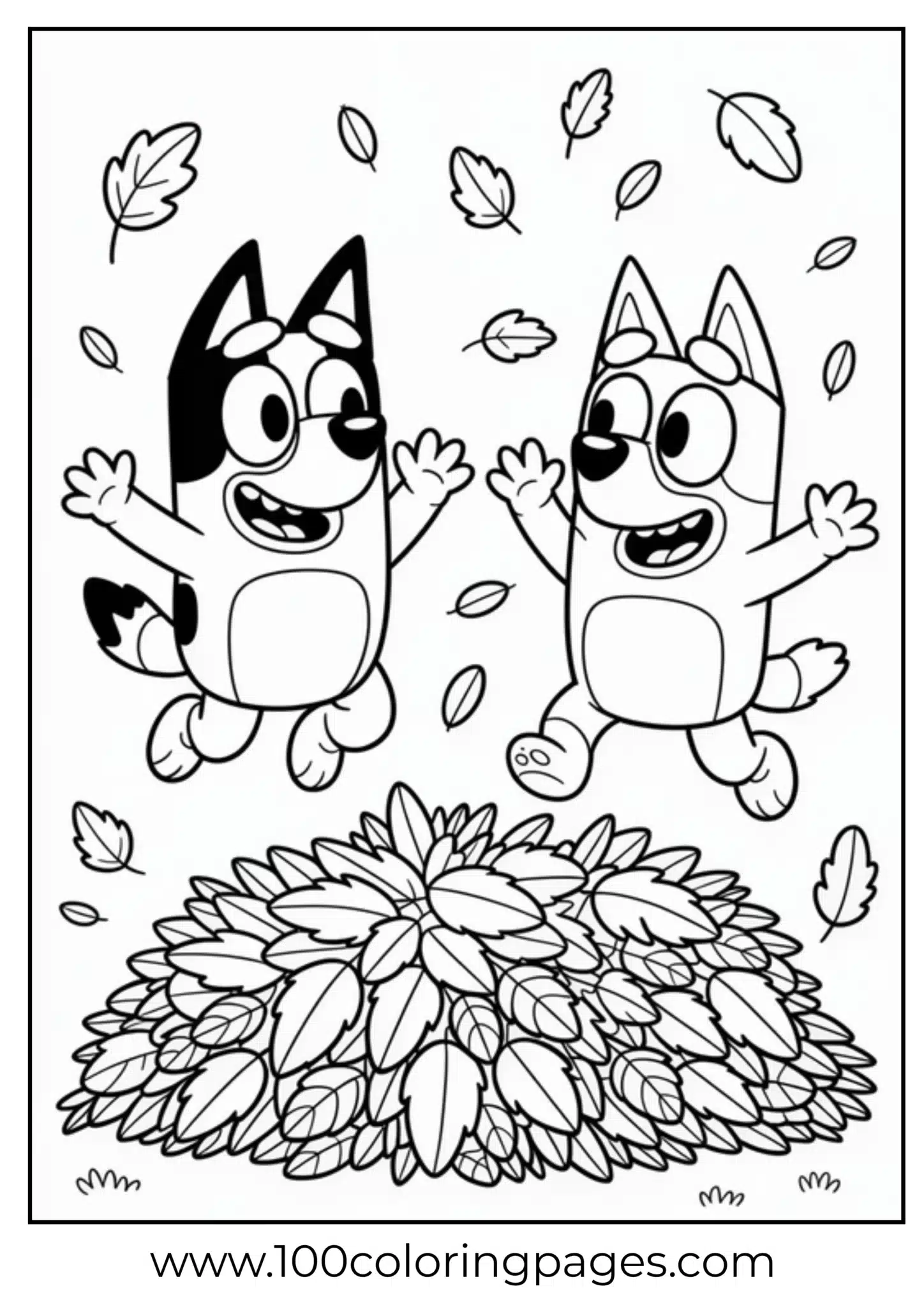 Two cartoon dogs playfully jumping over autumn leaves