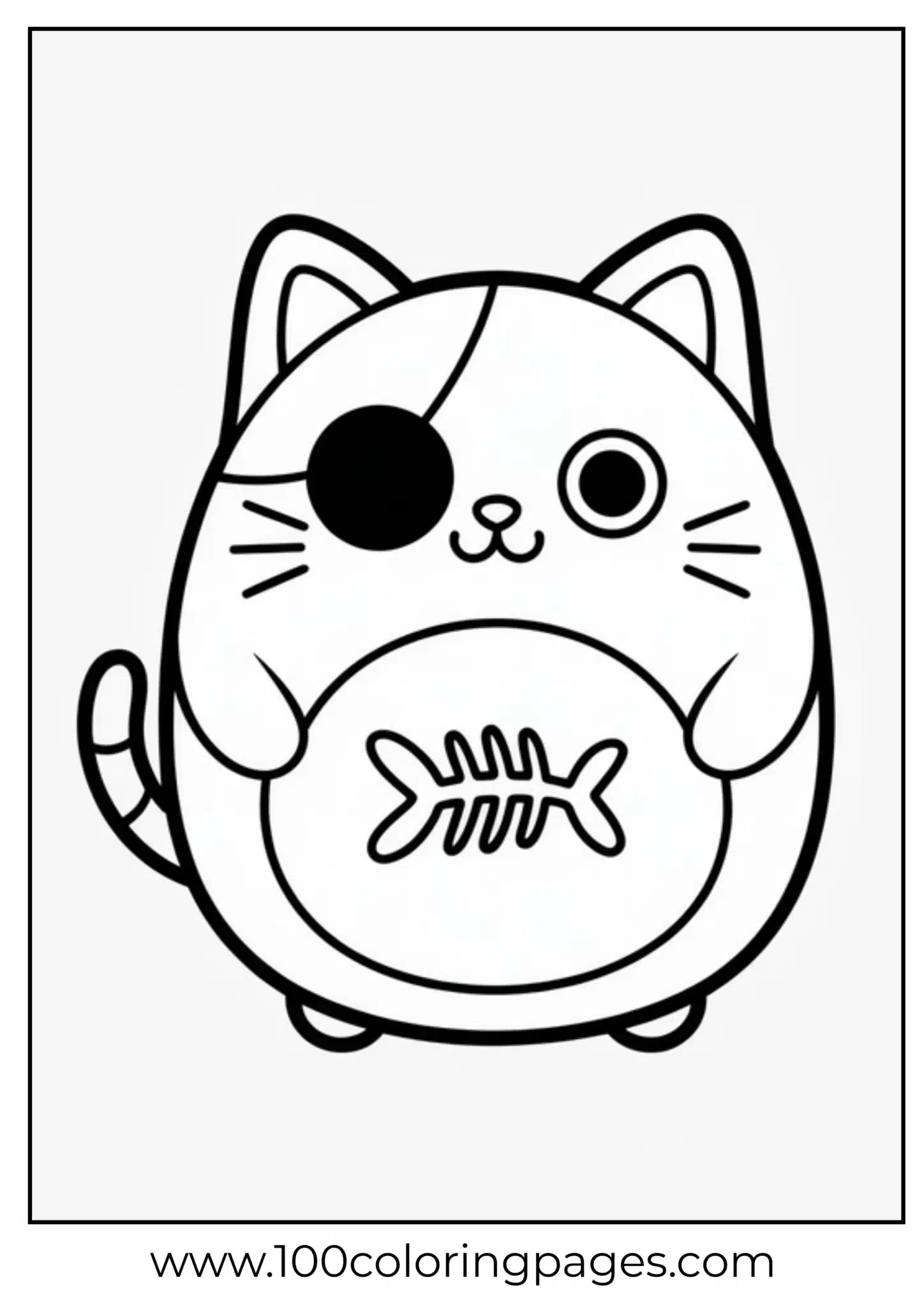 Printable coloring page of a cat with a pirate eye patch and a fish
