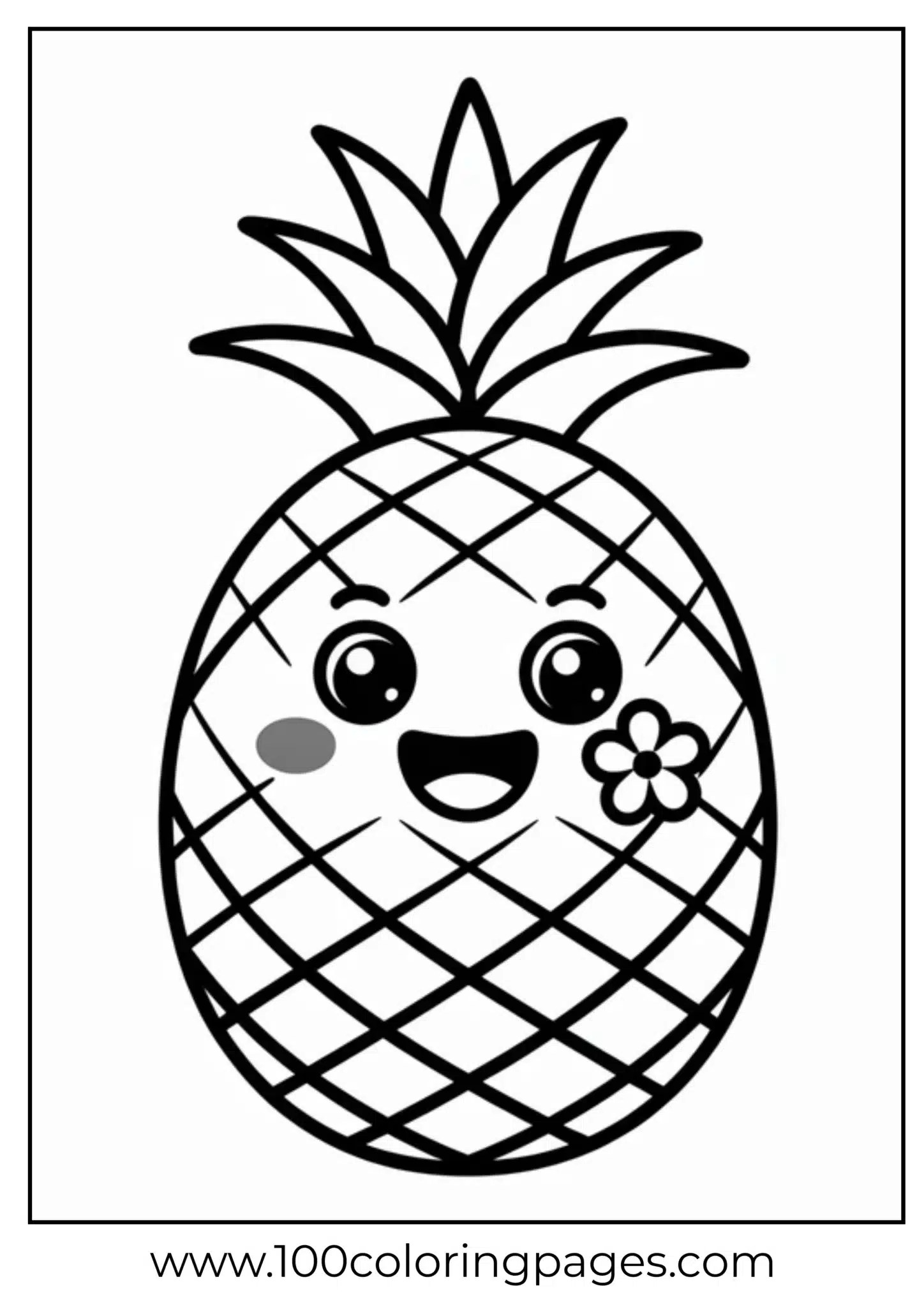 Cute smiling pineapple with detailed patterns and a flower