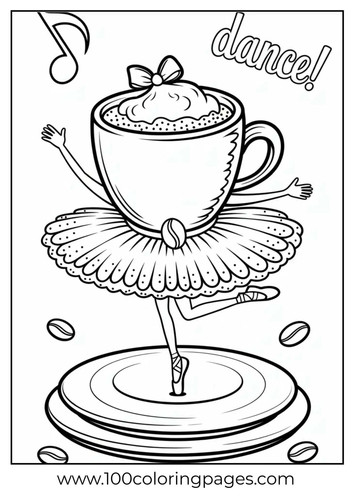 Cartoon of coffee cup ballerina dancing on a saucer