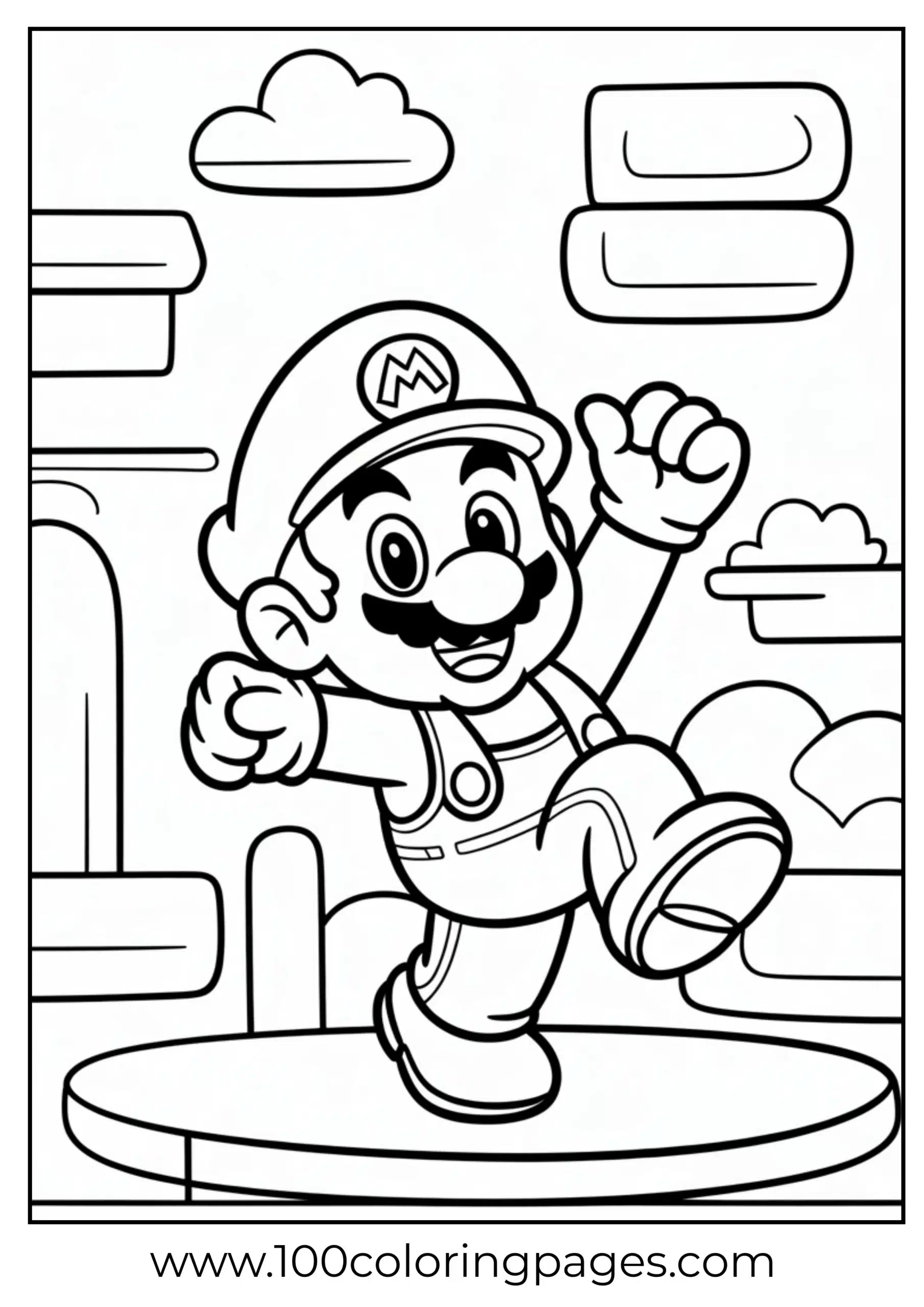 Mario dancing with joy in a fun coloring page layout