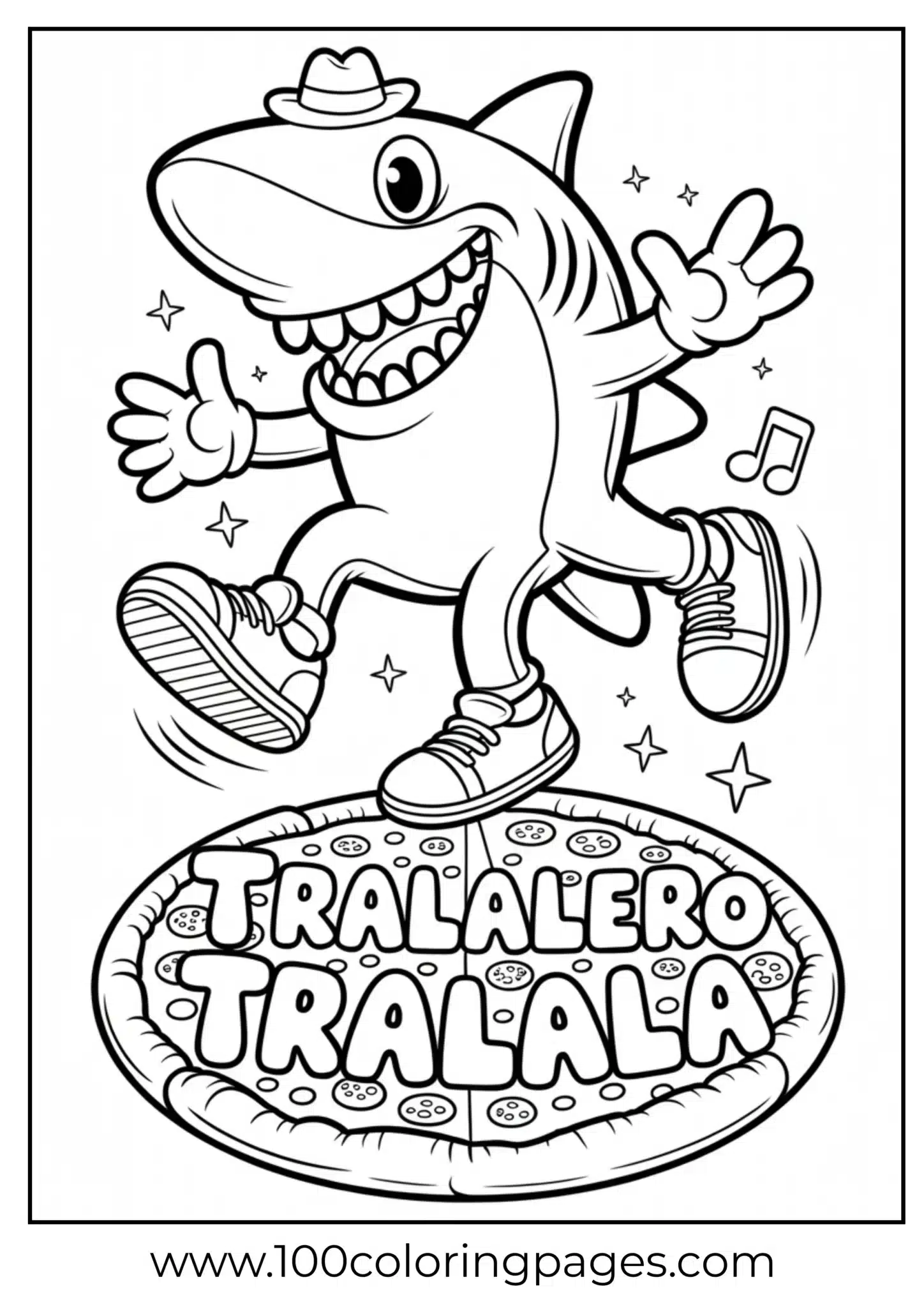 Cartoon shark dancing on a large pizza, giving a thumbs up