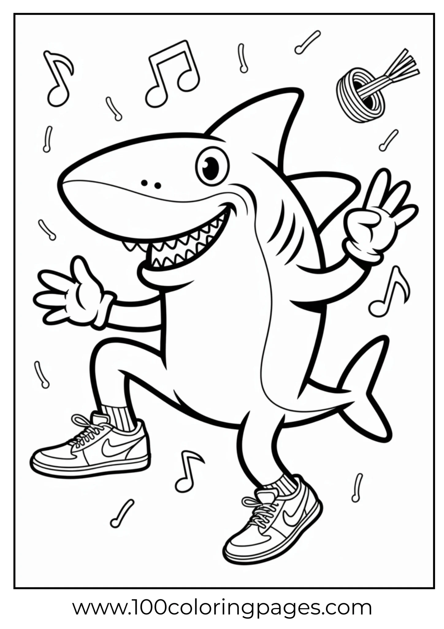 Cheerful shark dancing with music notes and wearing sneakers