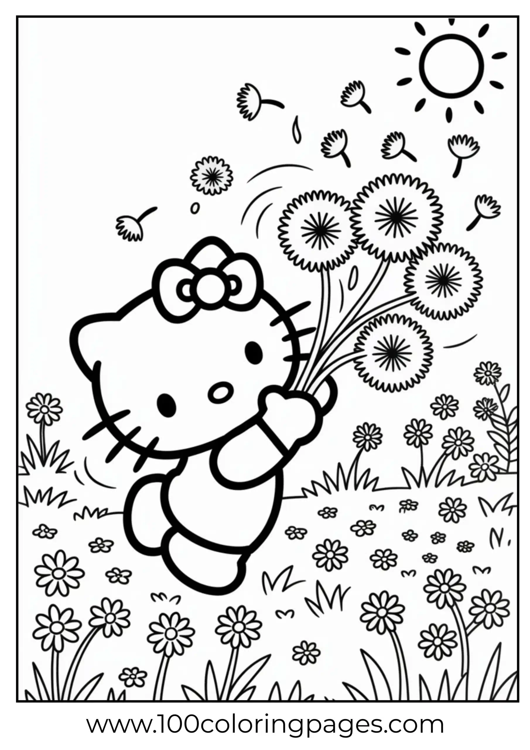 Hello Kitty blowing dandelions coloring page