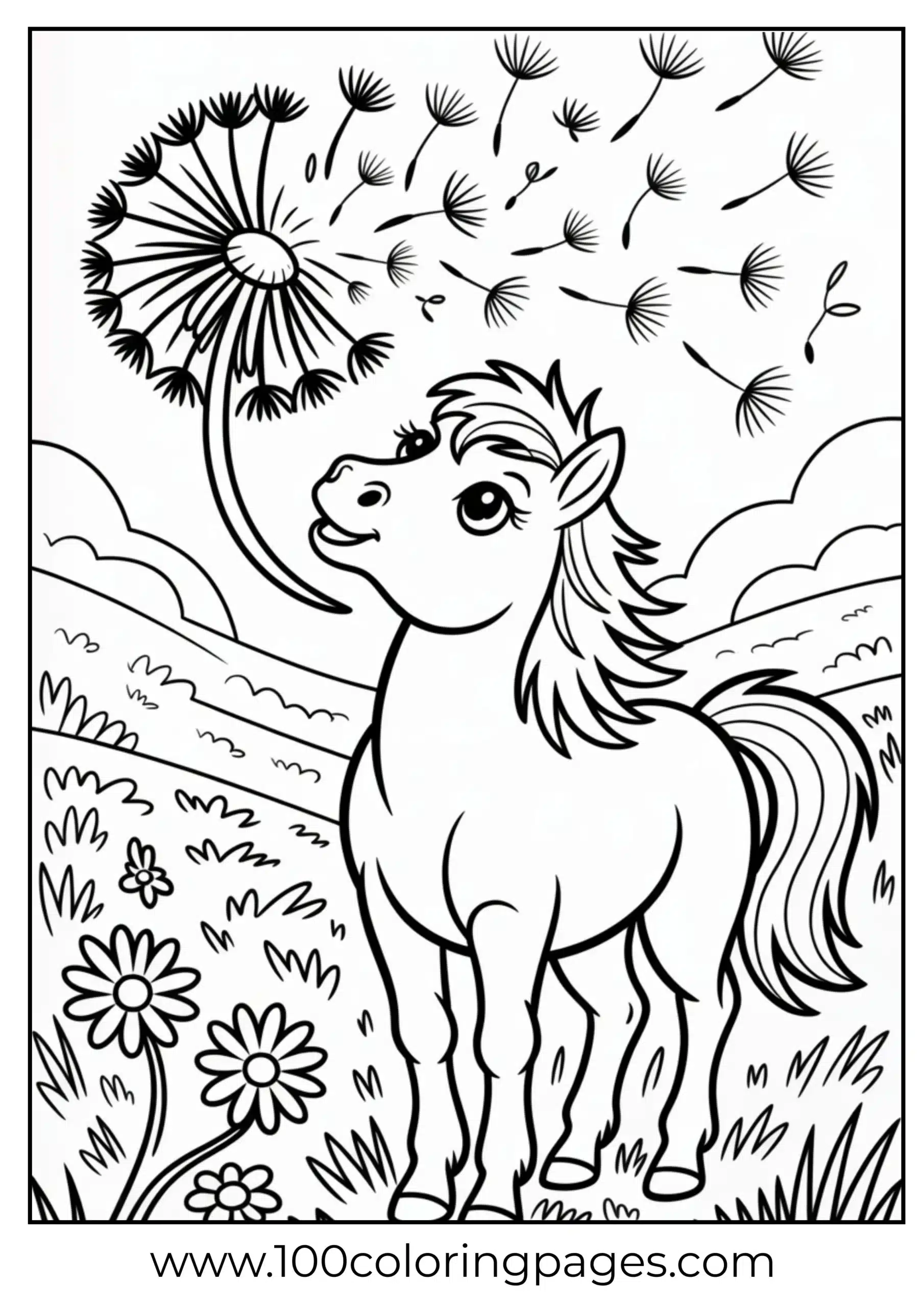 Pony blowing dandelions in field