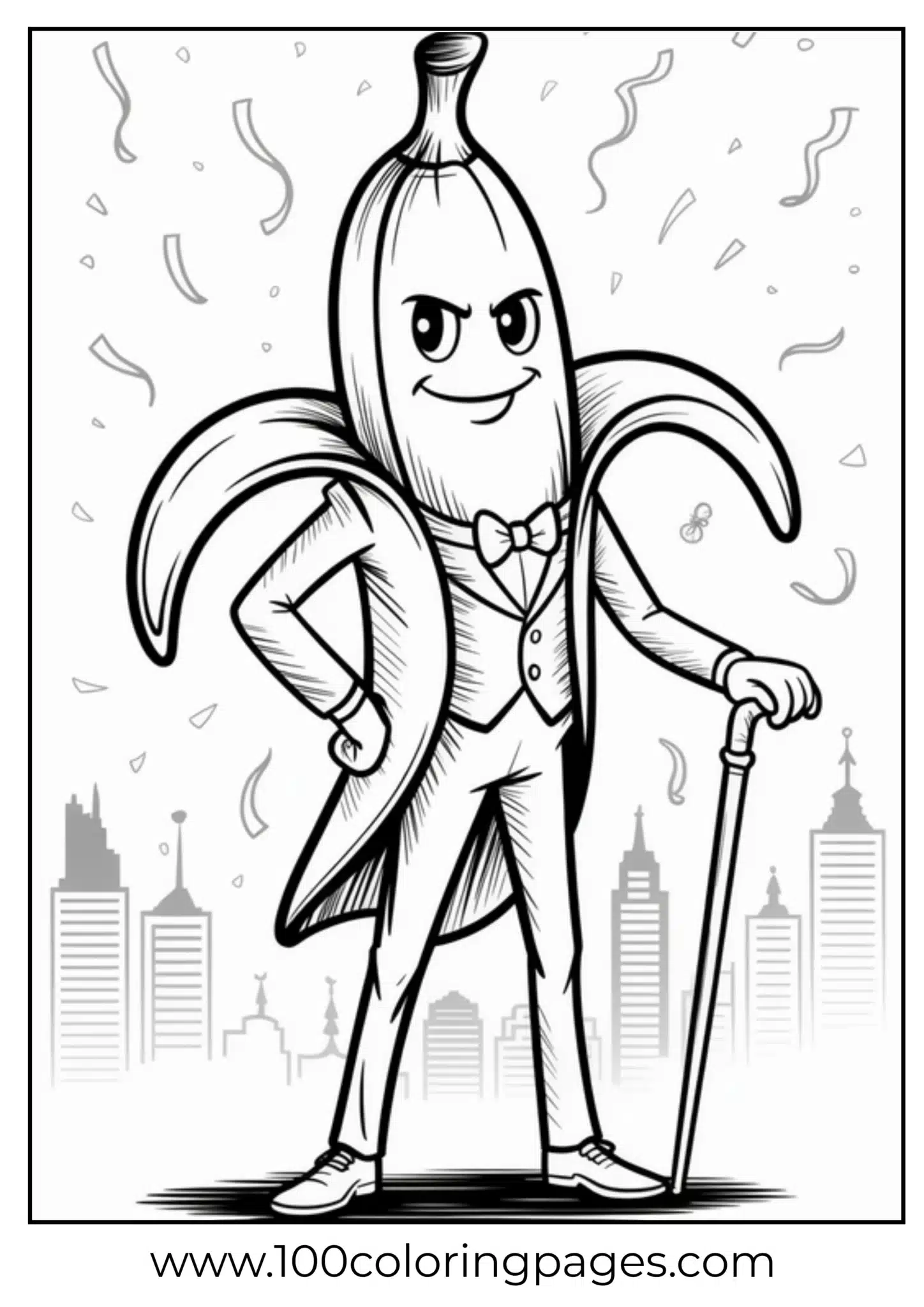 Cartoon banana in suit and bow tie with a cane and confetti