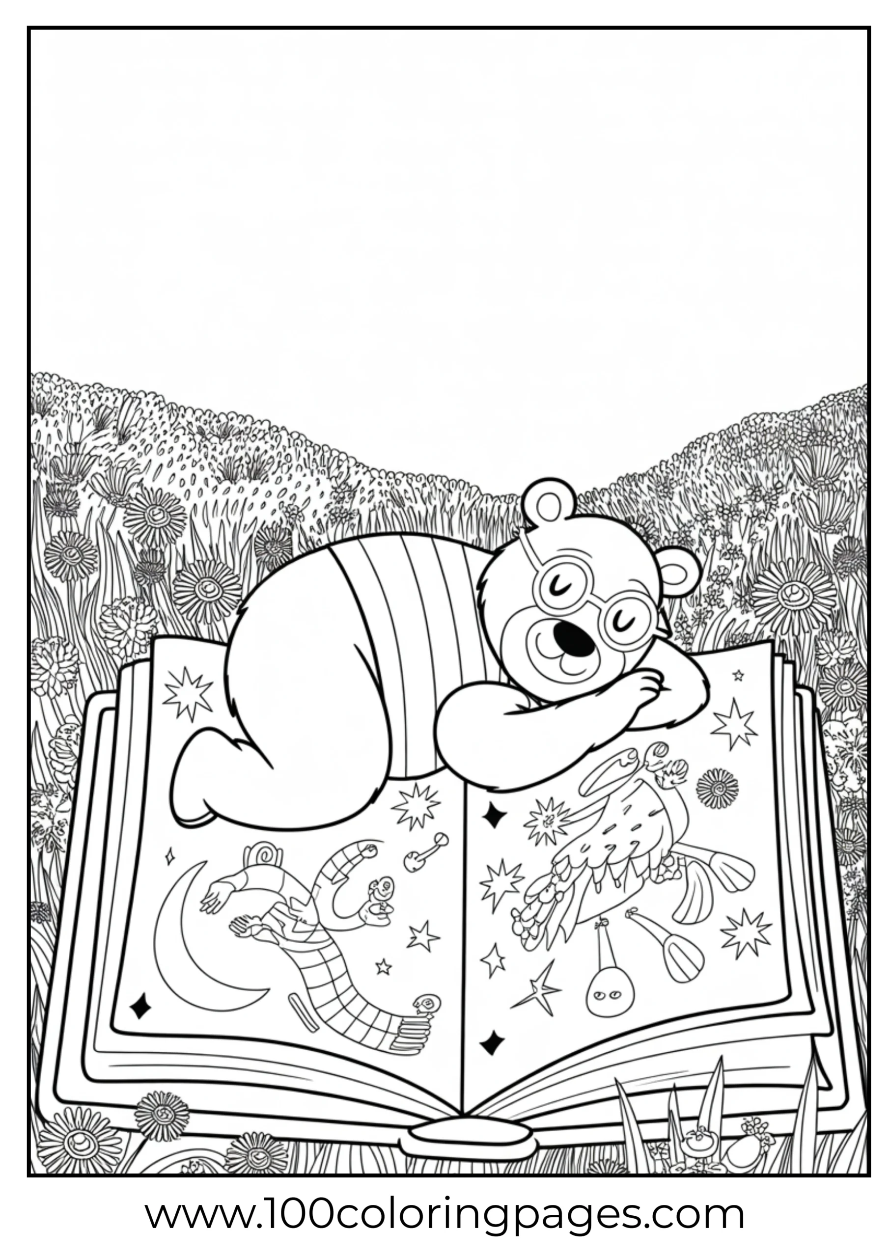 Daydream Bear reading coloring page