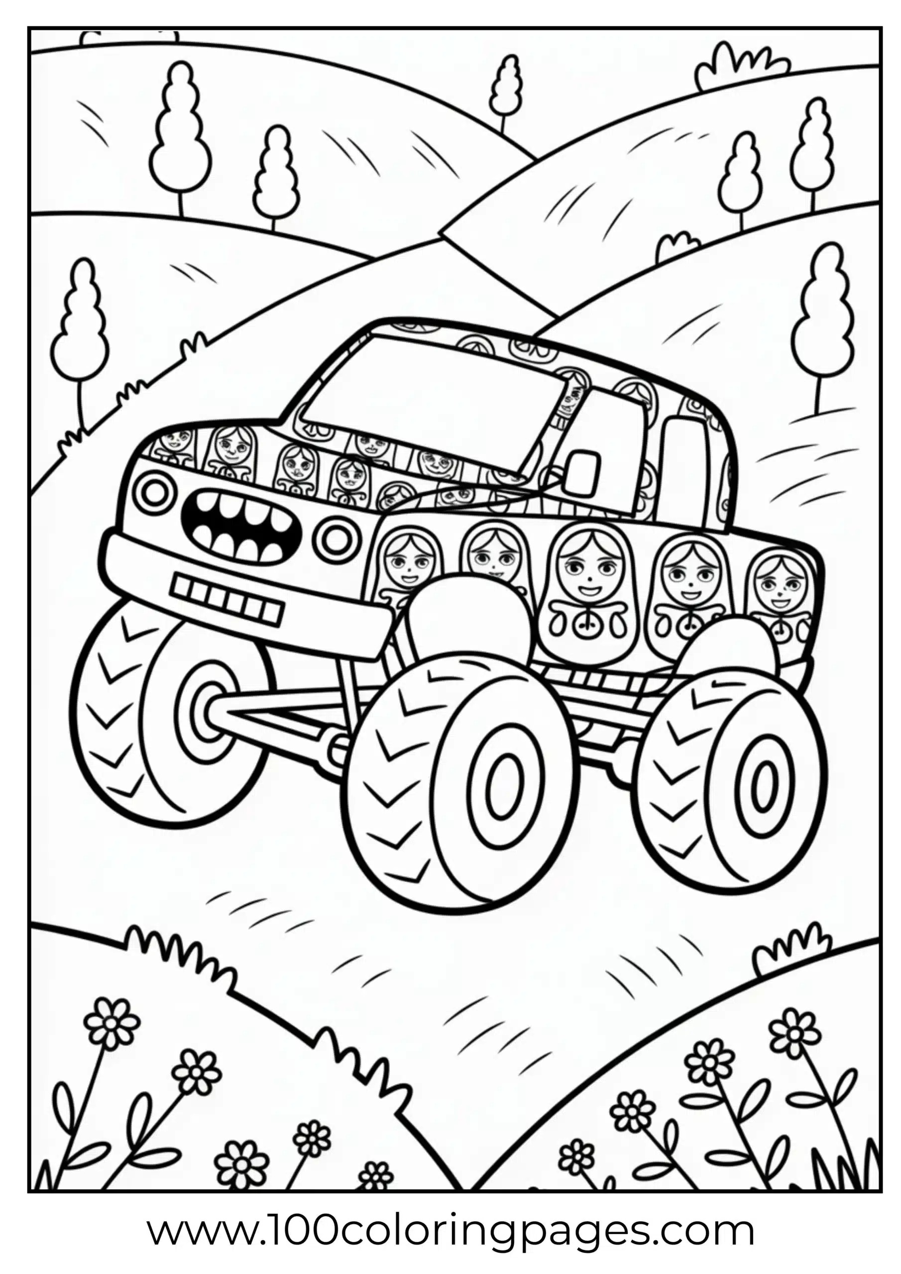 Patterned monster truck with decorative art driving over hills