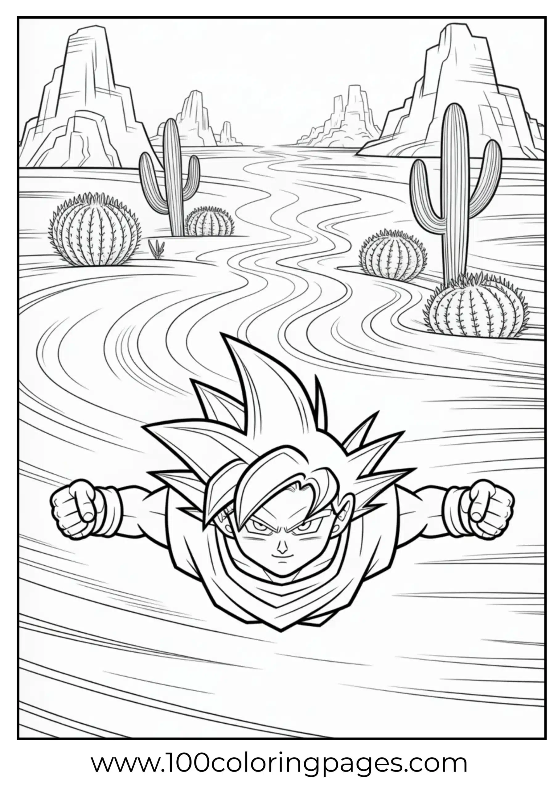 Goku flying low over desert sands coloring page