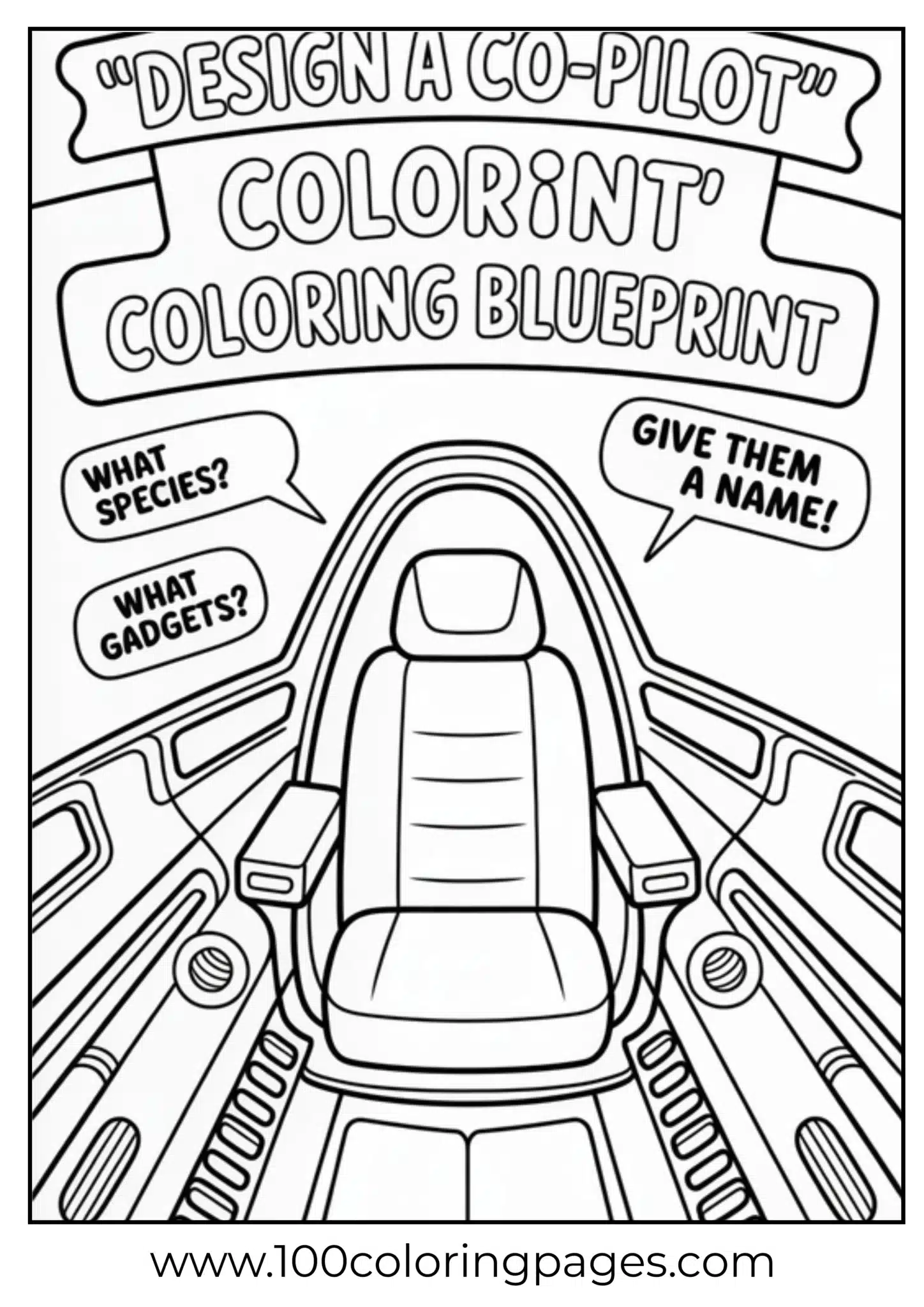 Coloring page with empty pilot seat and customizable options