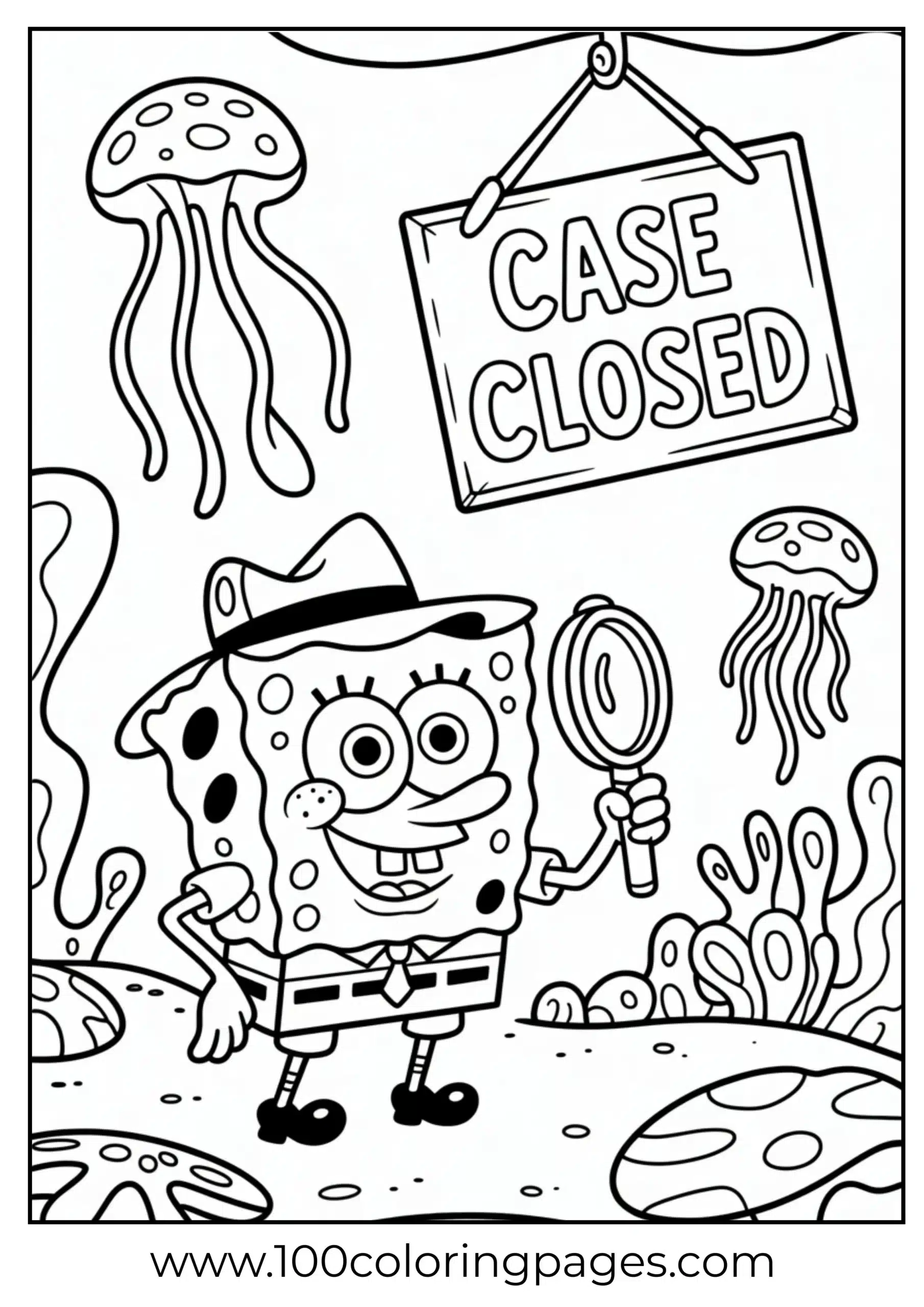 SpongeBob wearing detective hat holding magnifier