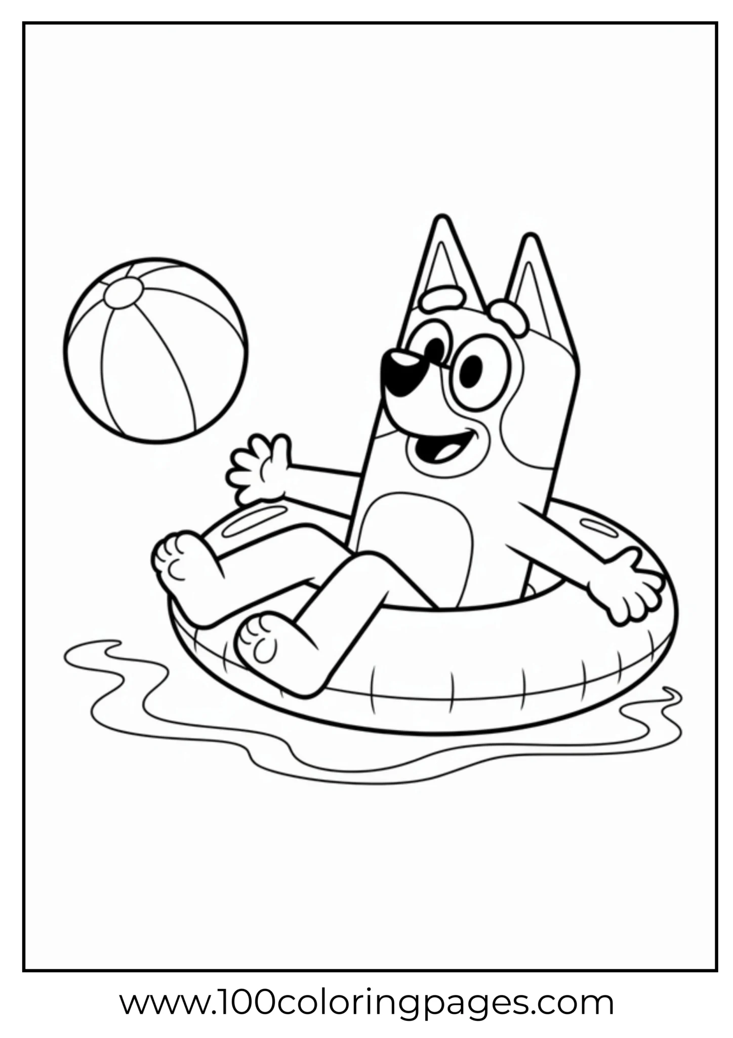 Cartoon dog relaxing on pool ring with a beach ball