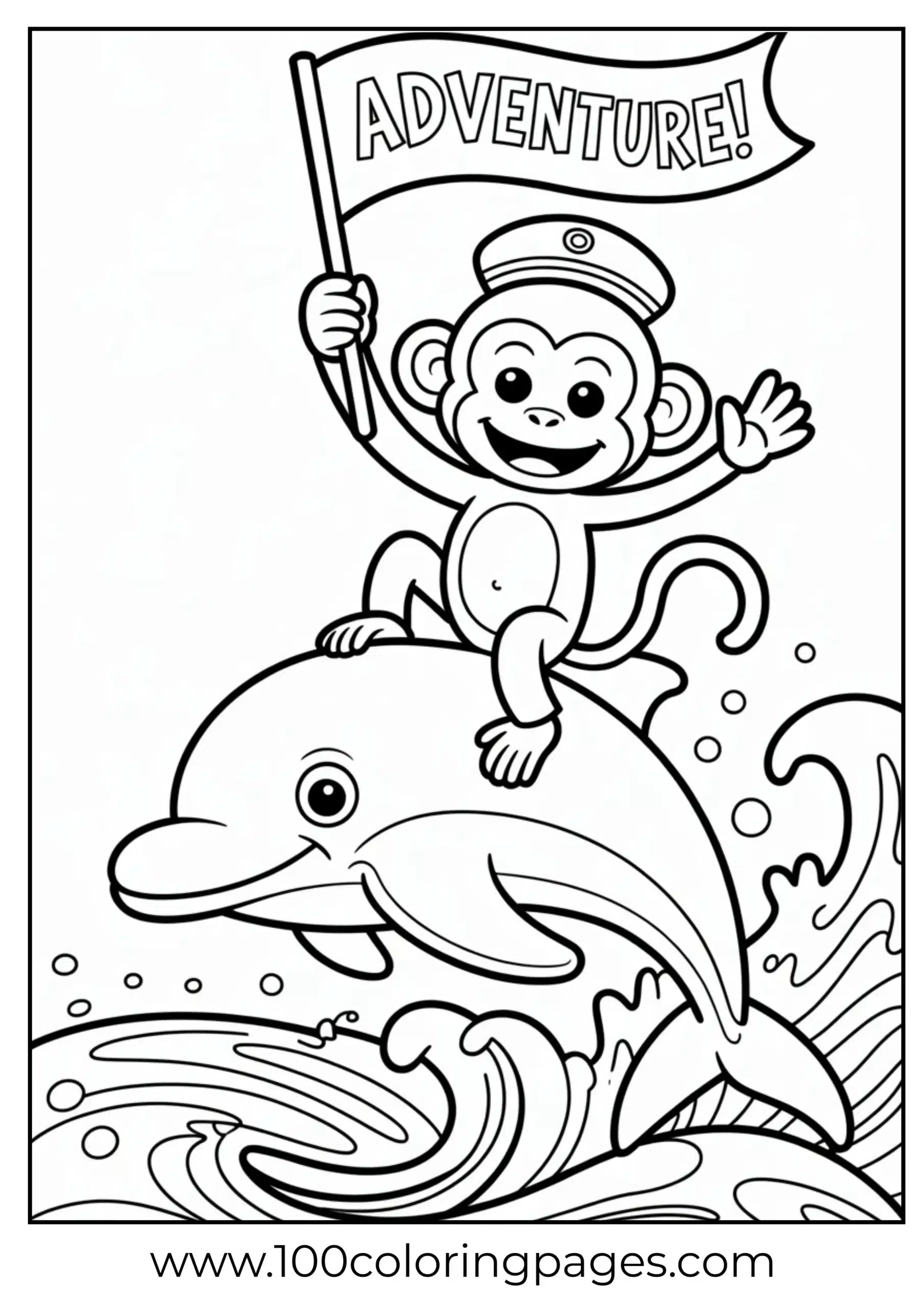 Monkey riding dolphin across waves coloring page