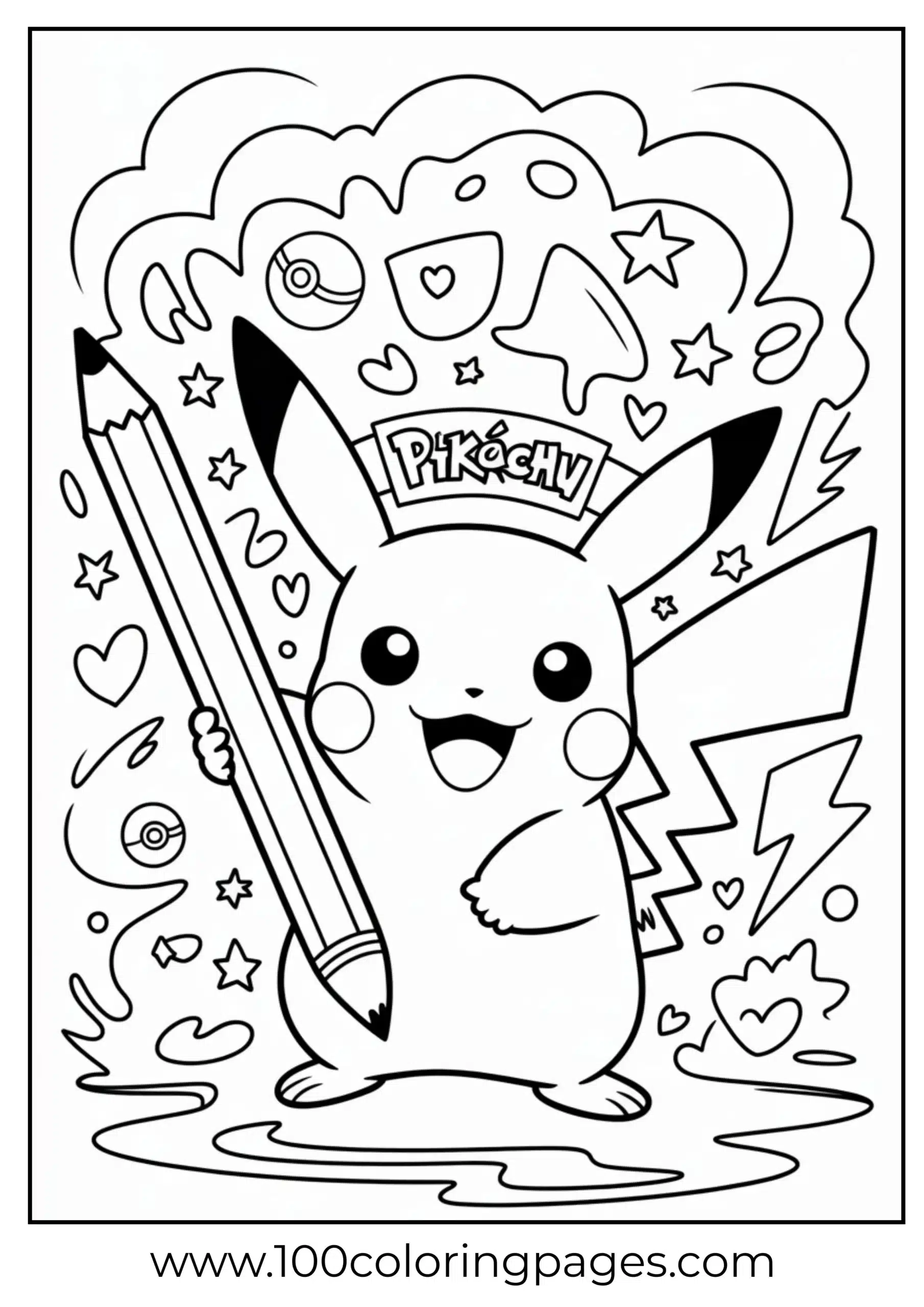 Pikachu holding pencil beside drawings