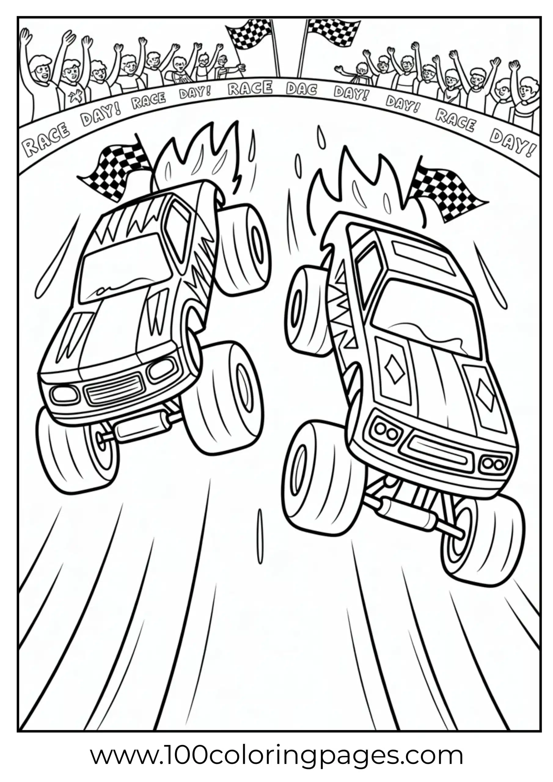 Twin monster trucks jumping side-by-side as coloring page