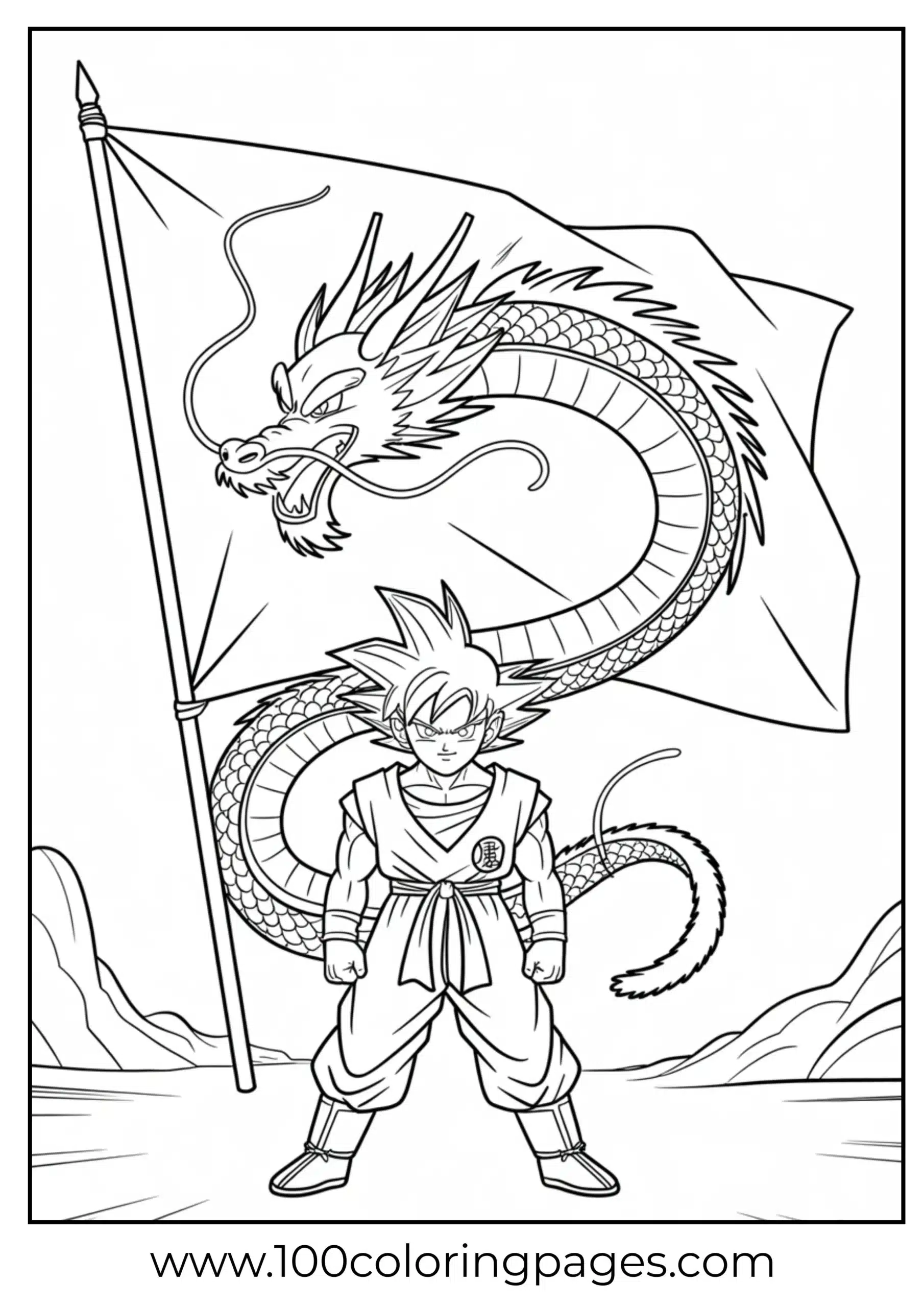 Goku with dragon crest behind coloring page
