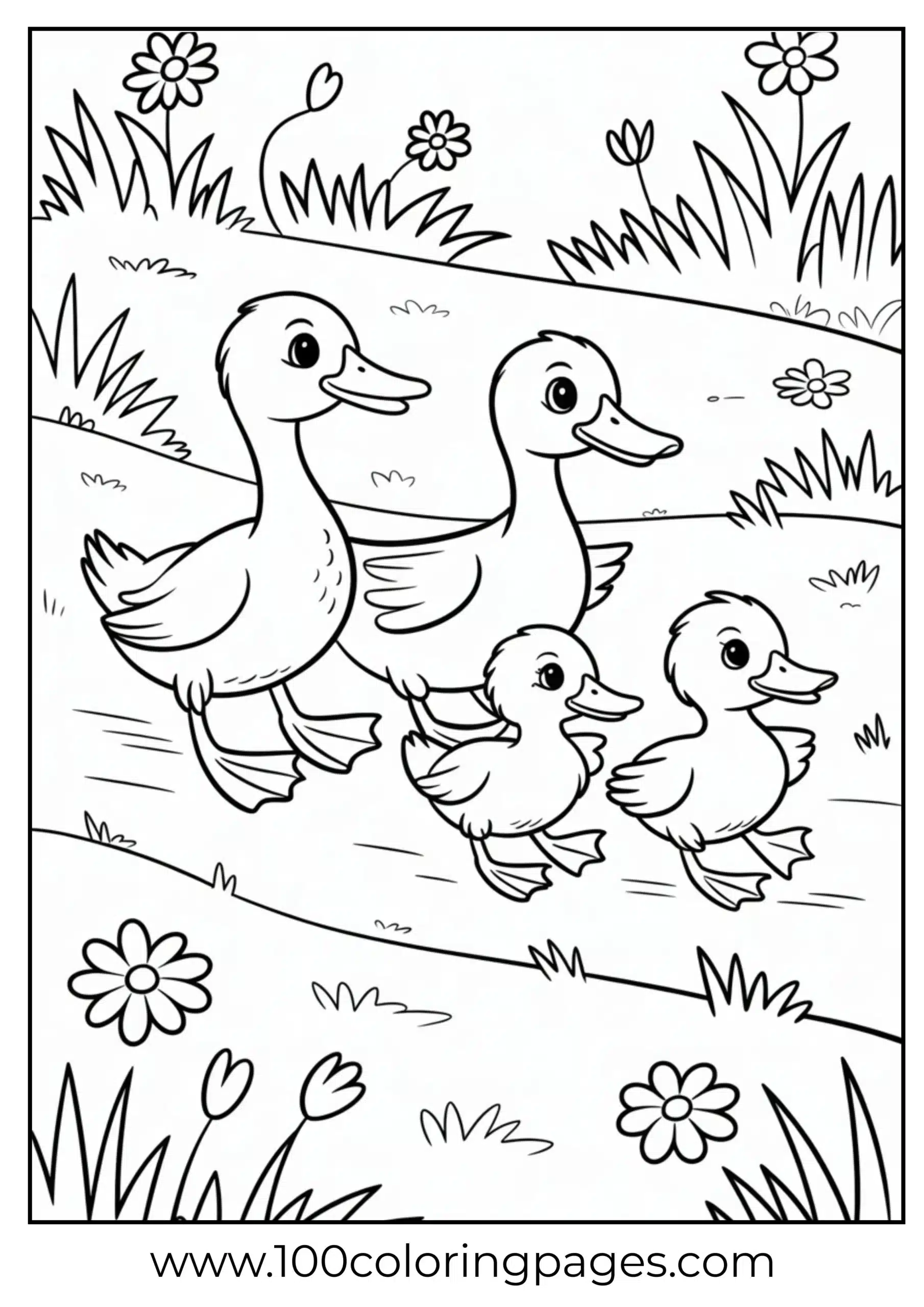 Cute duck family in line coloring page