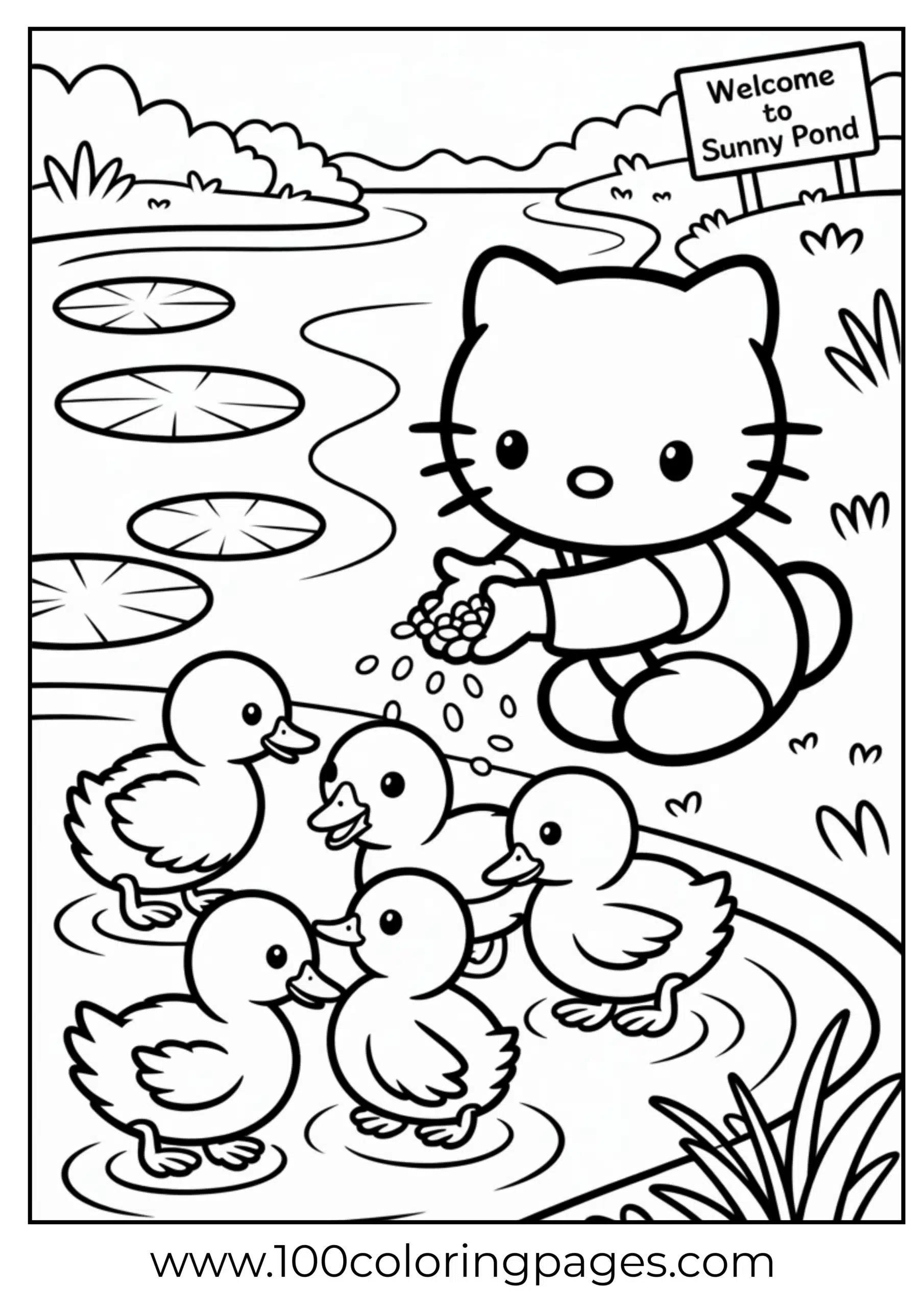 Hello Kitty feeding ducks coloring page