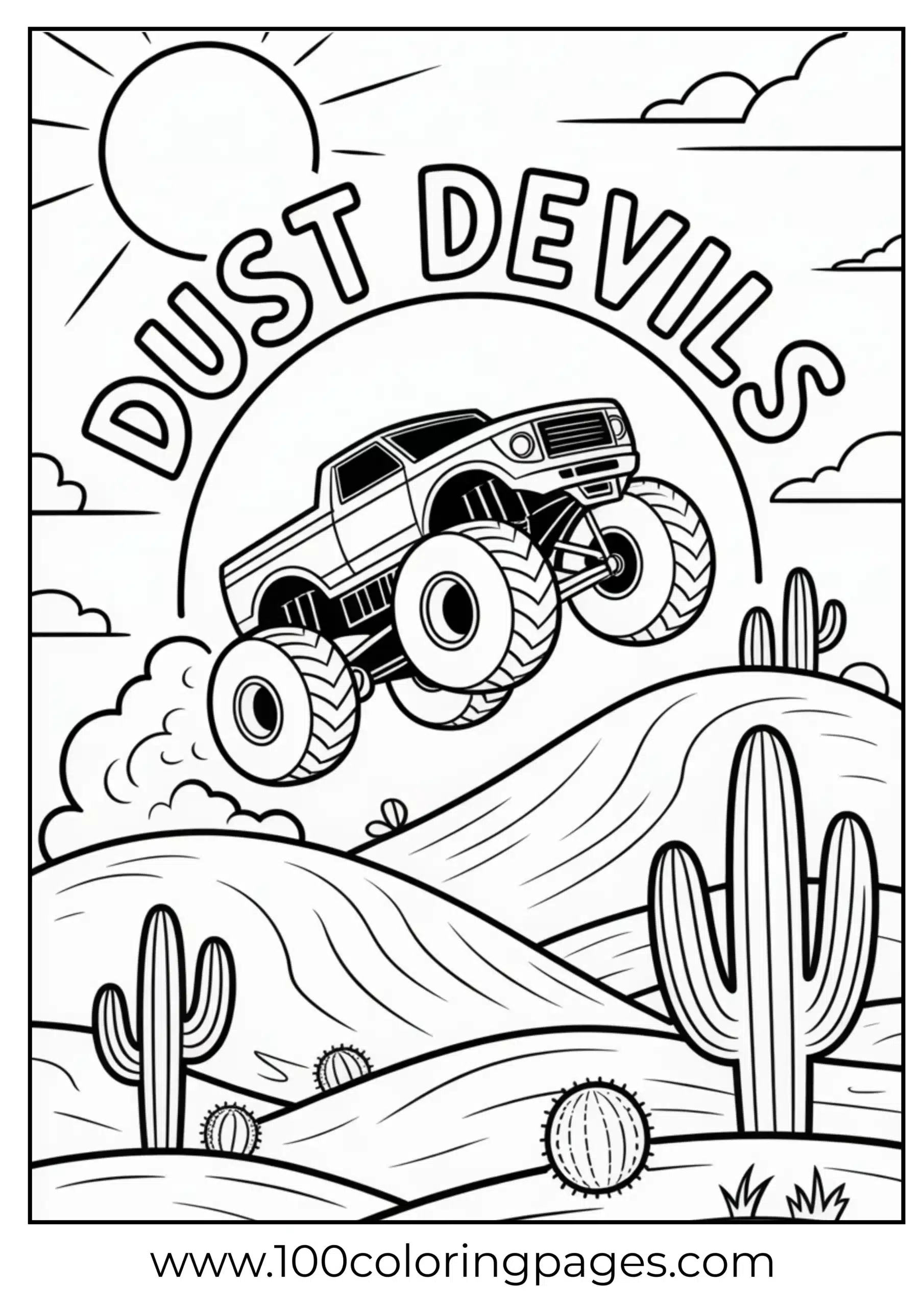 Truck leaping over sand dunes under sunny sky