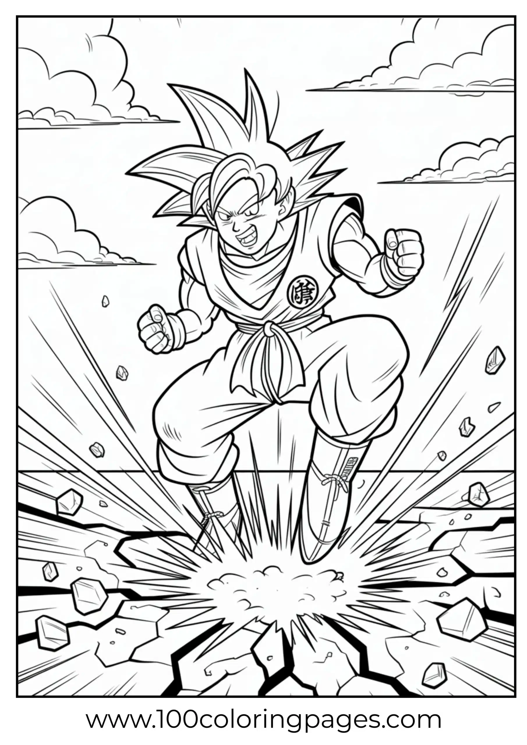 Goku punching ground causing cracks coloring page