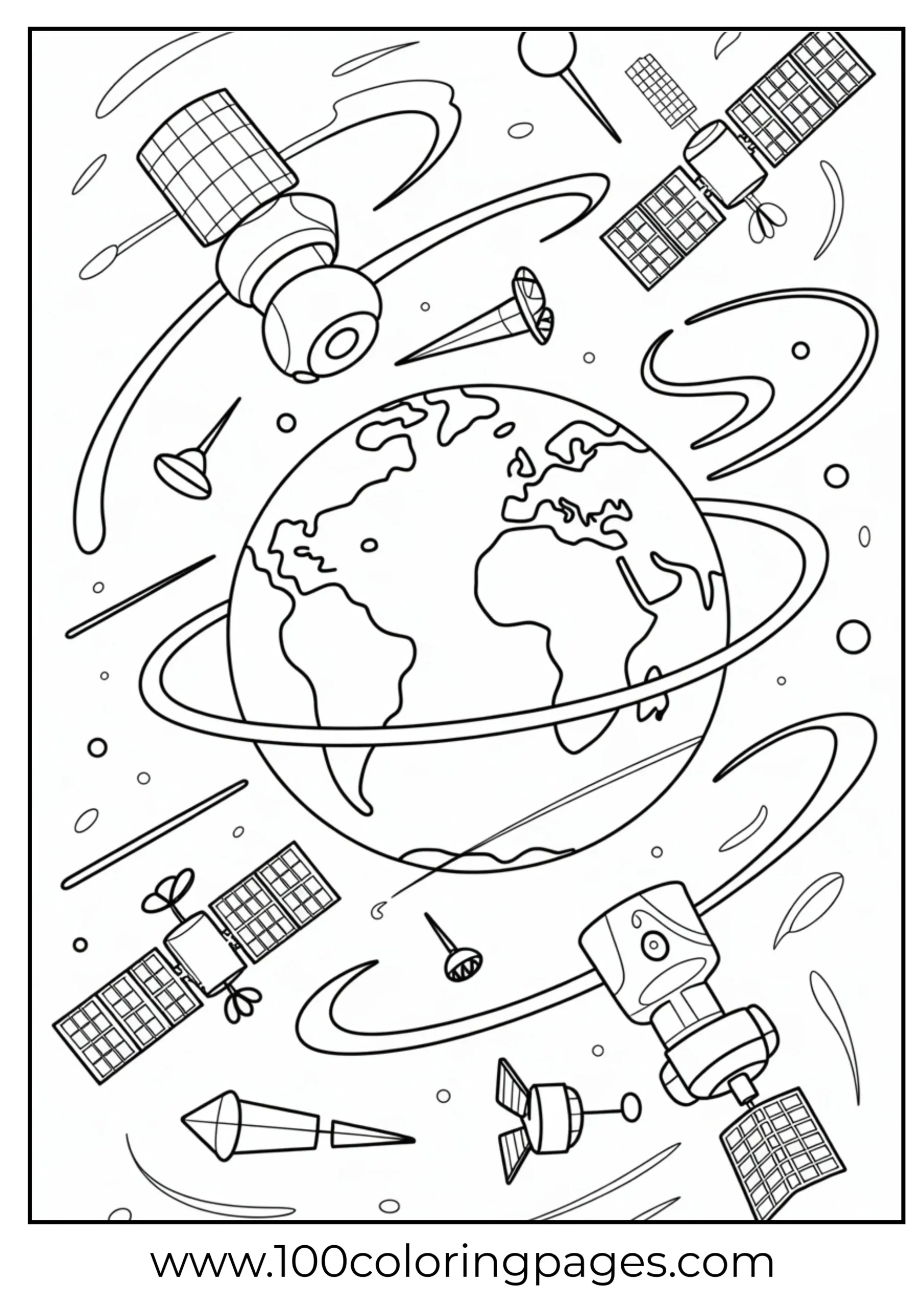 Earth orbit with space junk coloring page