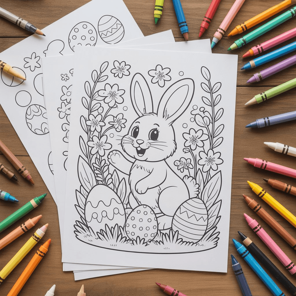 Printable Easter bunny coloring page with decorated eggs, spring flowers, and crayons on wooden table