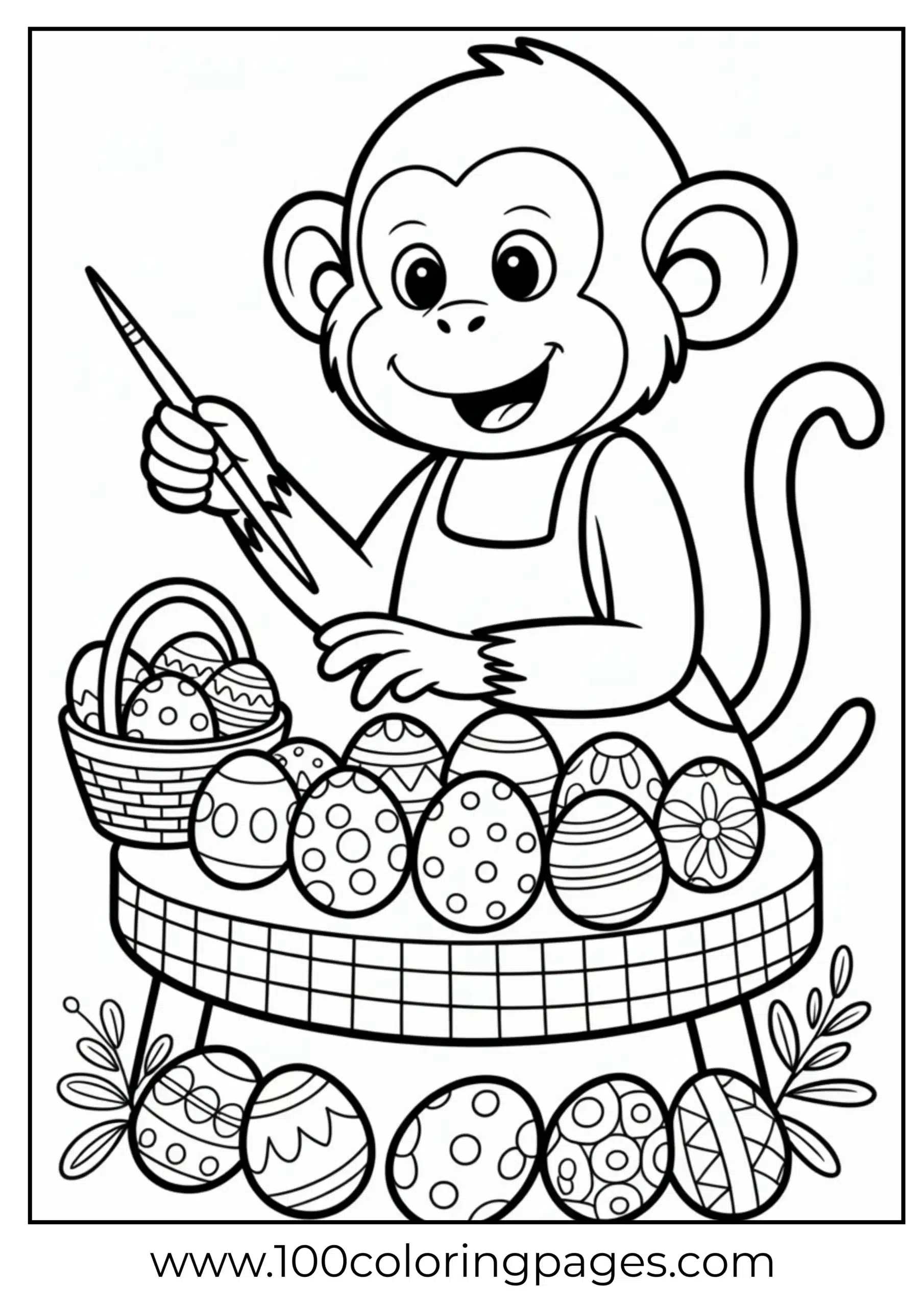 Monkey painting Easter eggs coloring page