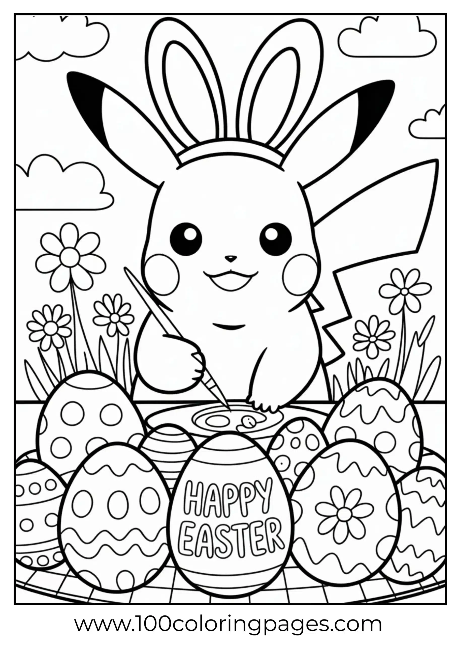Pikachu painting eggs wearing bunny ears