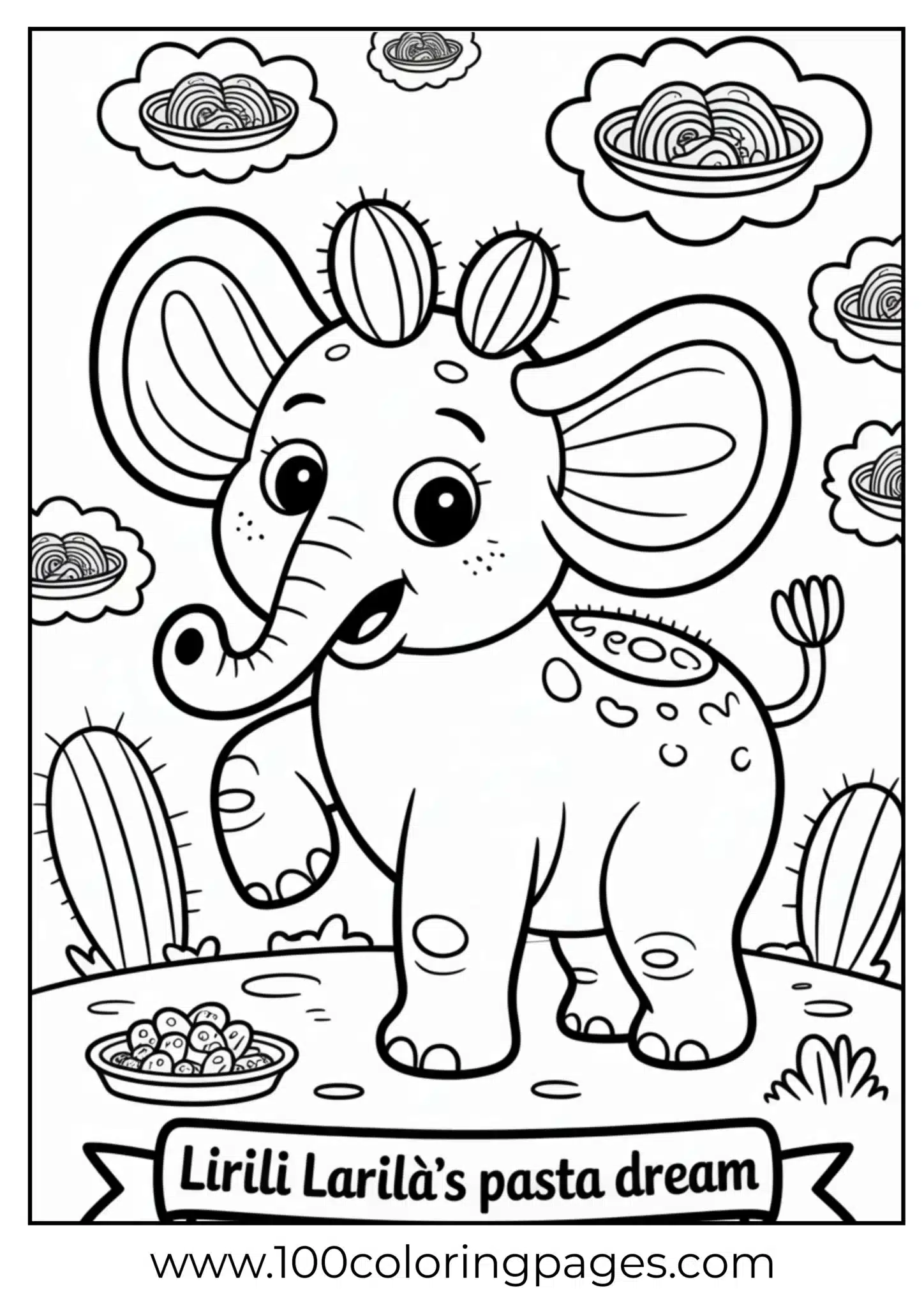 Cartoon elephant imagining clouds of pasta in a desert