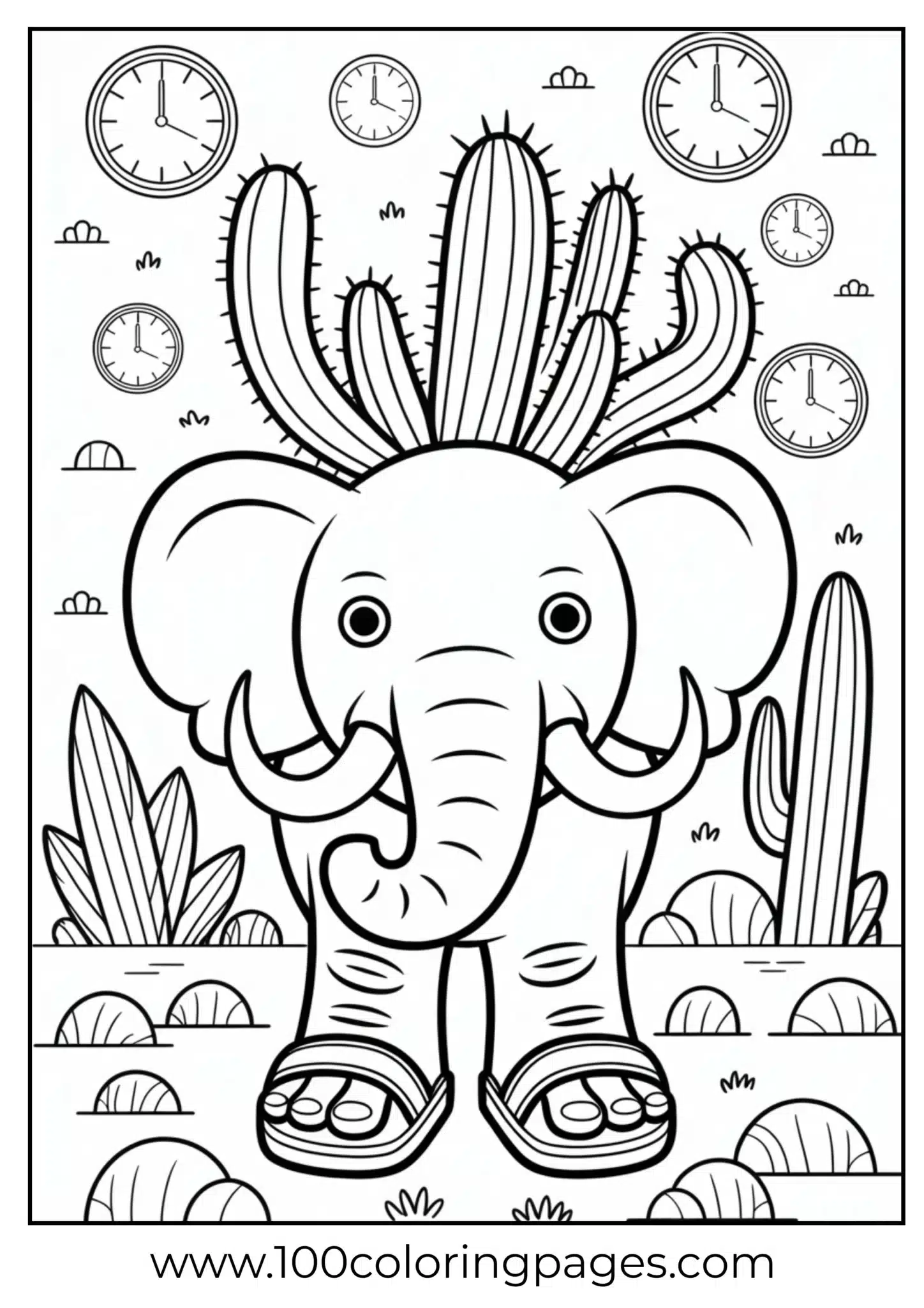Elephant with large ears wearing sandals among cacti and clocks