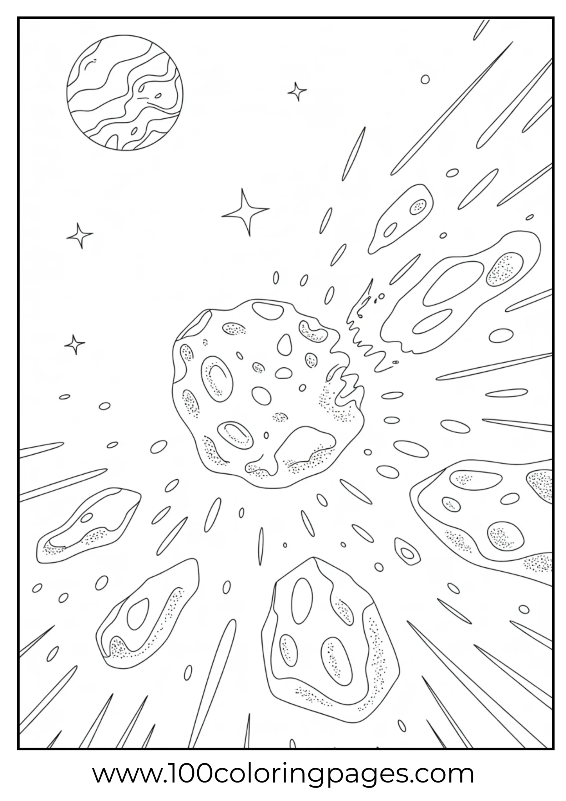 Asteroid exploding in space coloring page