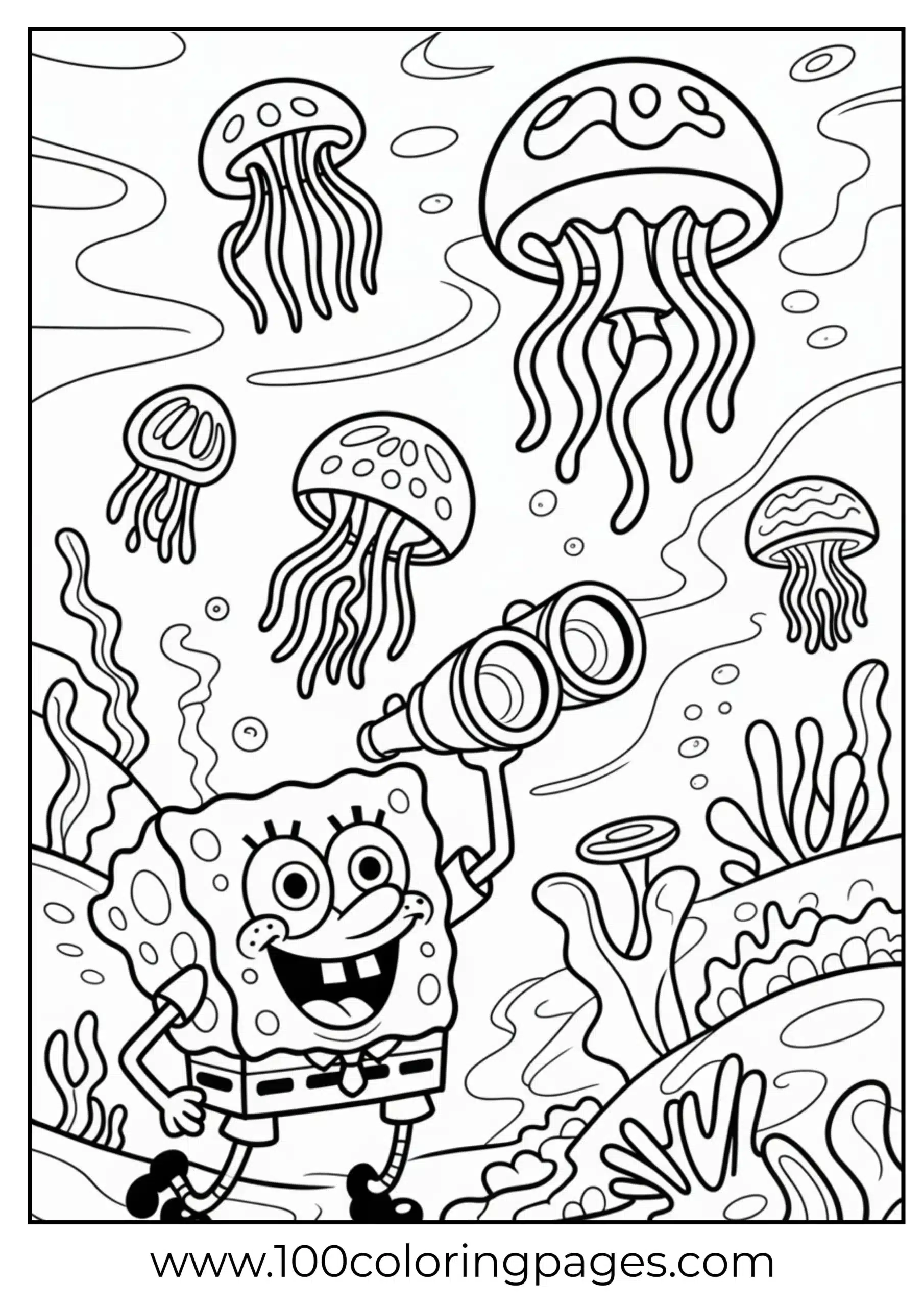 SpongeBob scanning for jellyfish with binoculars