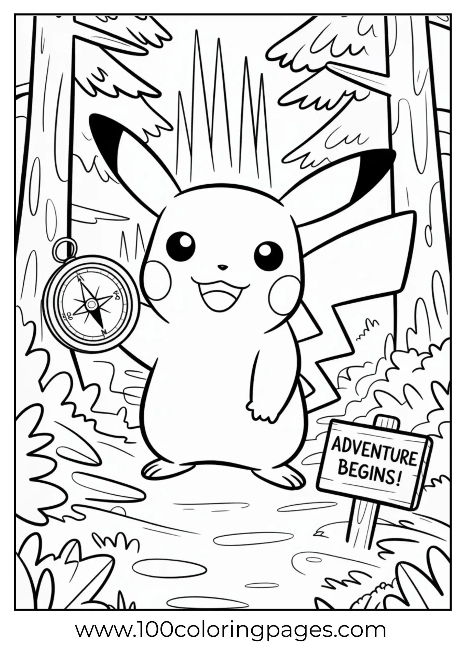 Pikachu reading map on forest path