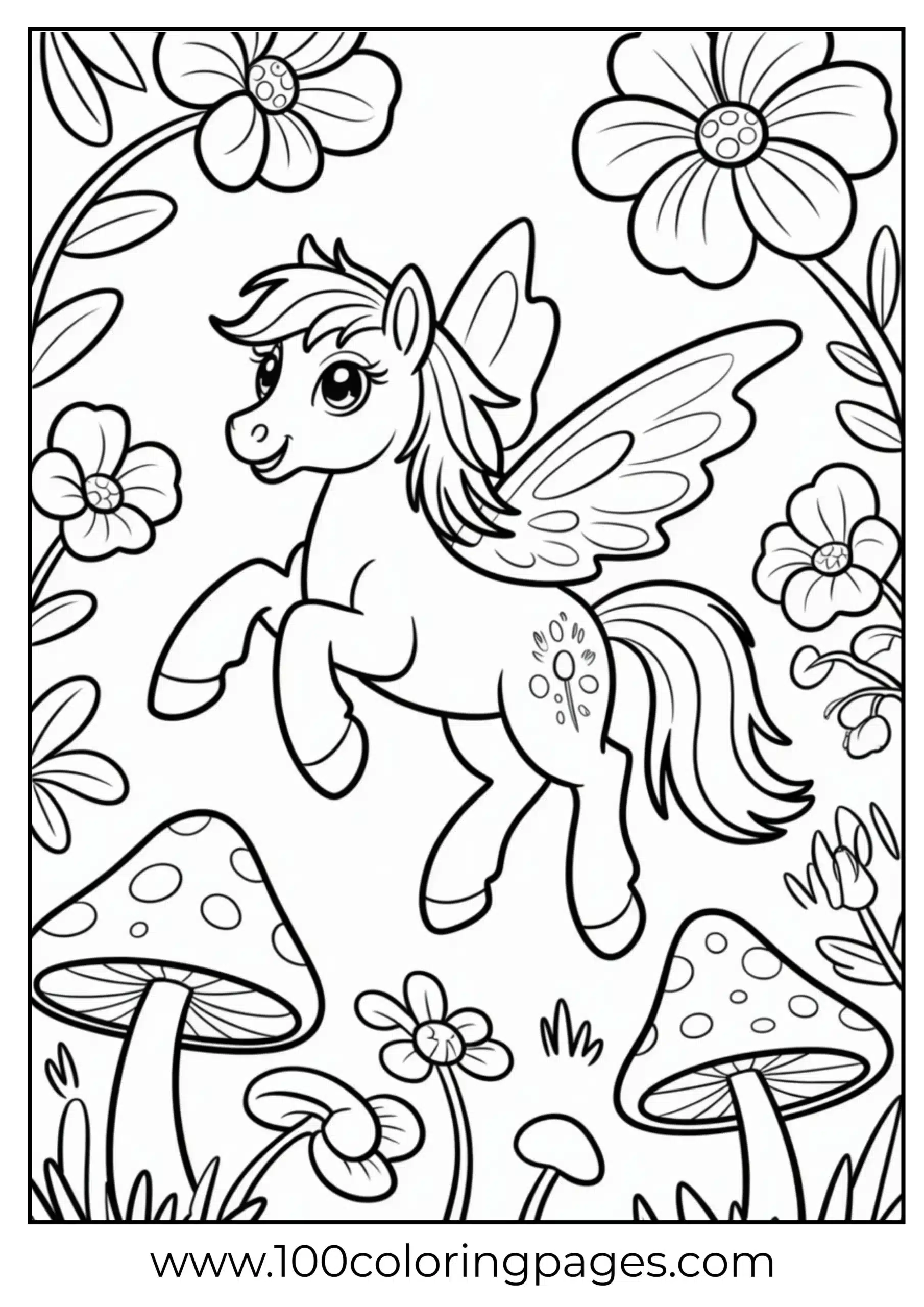 Pony with fairy wings in flower forest