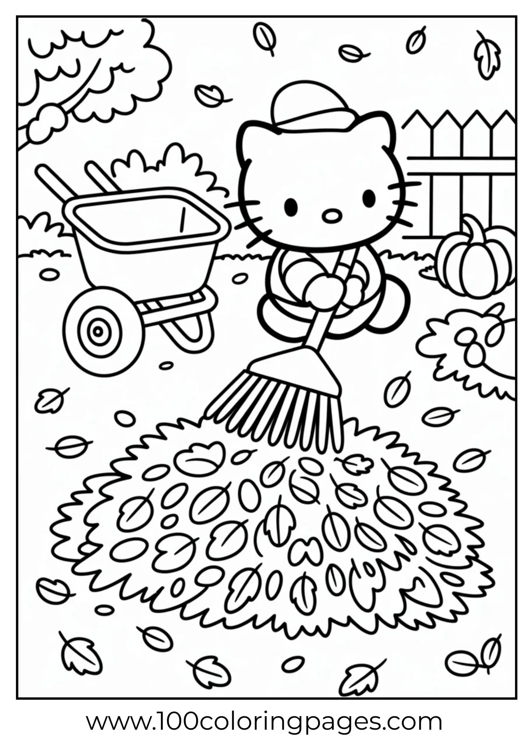 Hello Kitty raking leaves coloring page