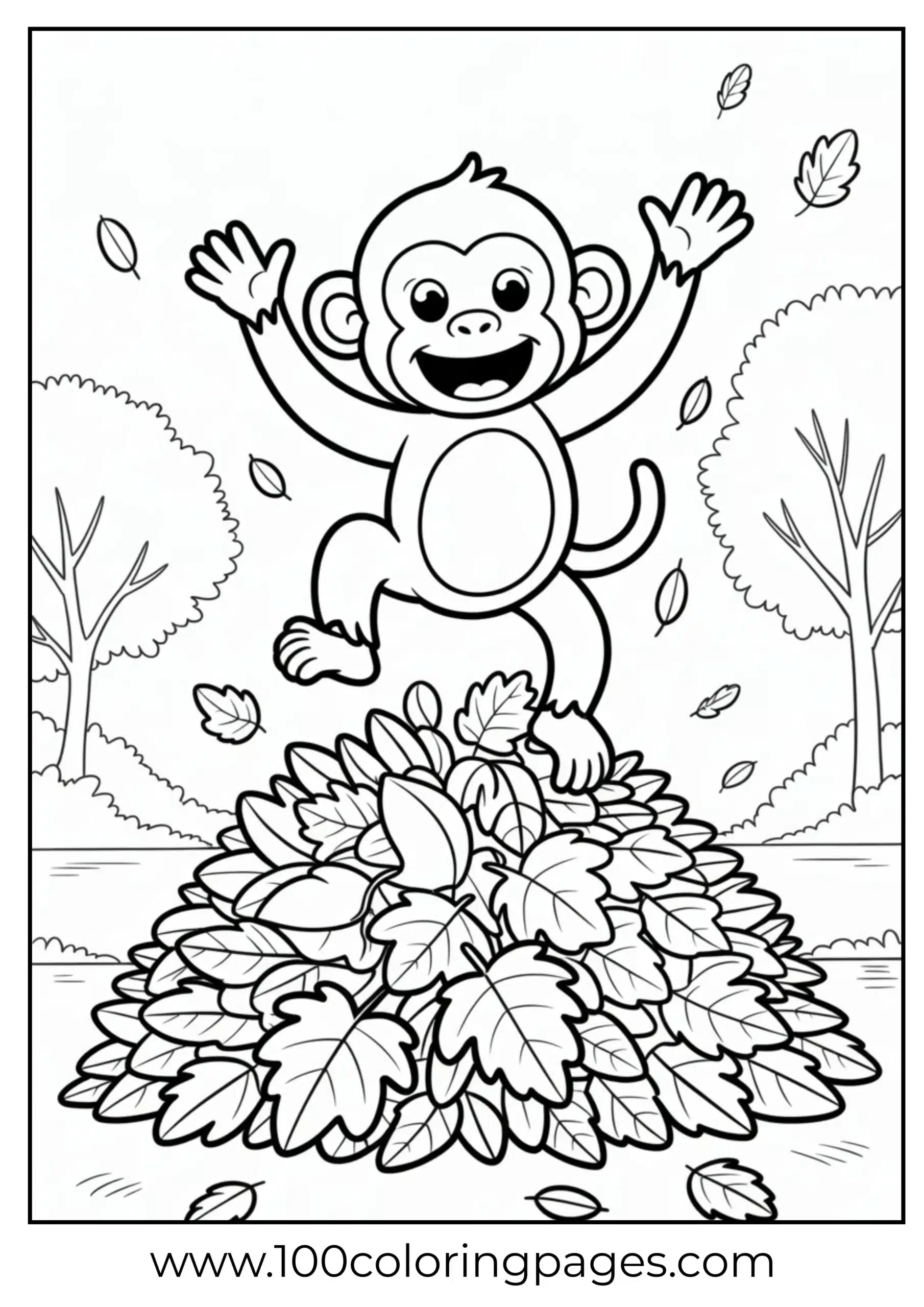 Monkey jumping into leaf pile coloring page