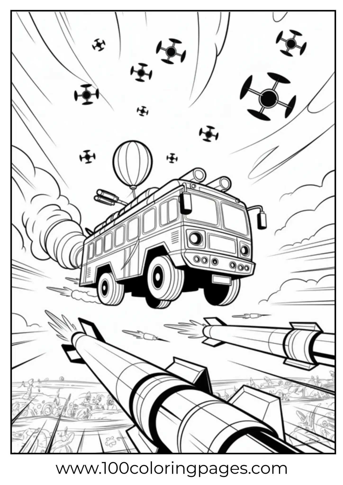 Fantasy vehicle with balloons, drones, and rockets in the sky