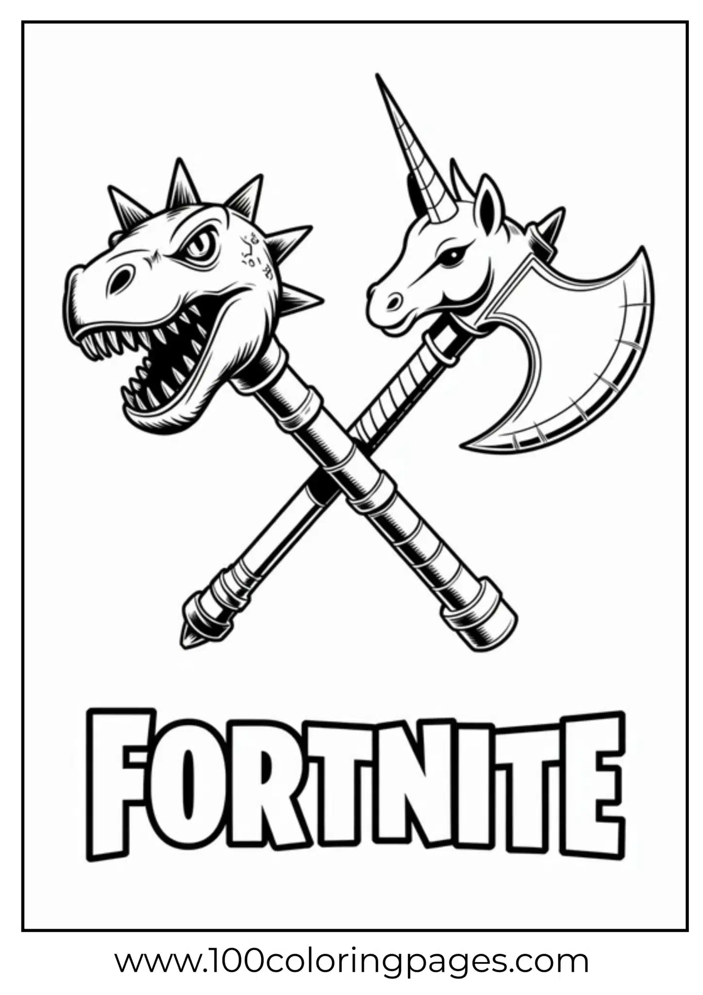 Two fantasy battle axes crossed, with dinosaur and unicorn heads