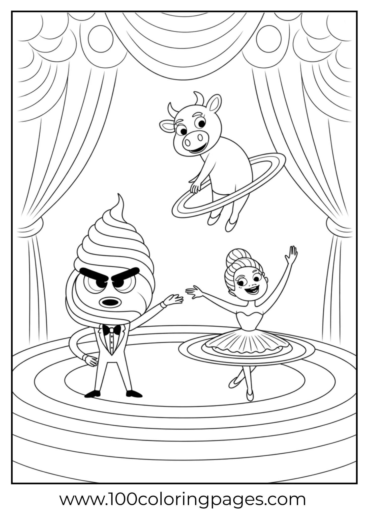 Circus theme coloring page with whimsical animal characters